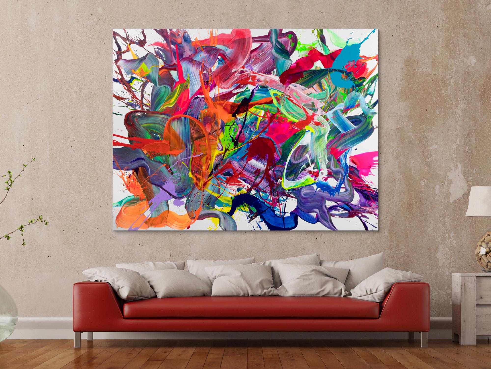 Abstraktes Original-Gemälde 140x180cm Querformat bunte Farben Neon mit Türkis Orange und Rosa
