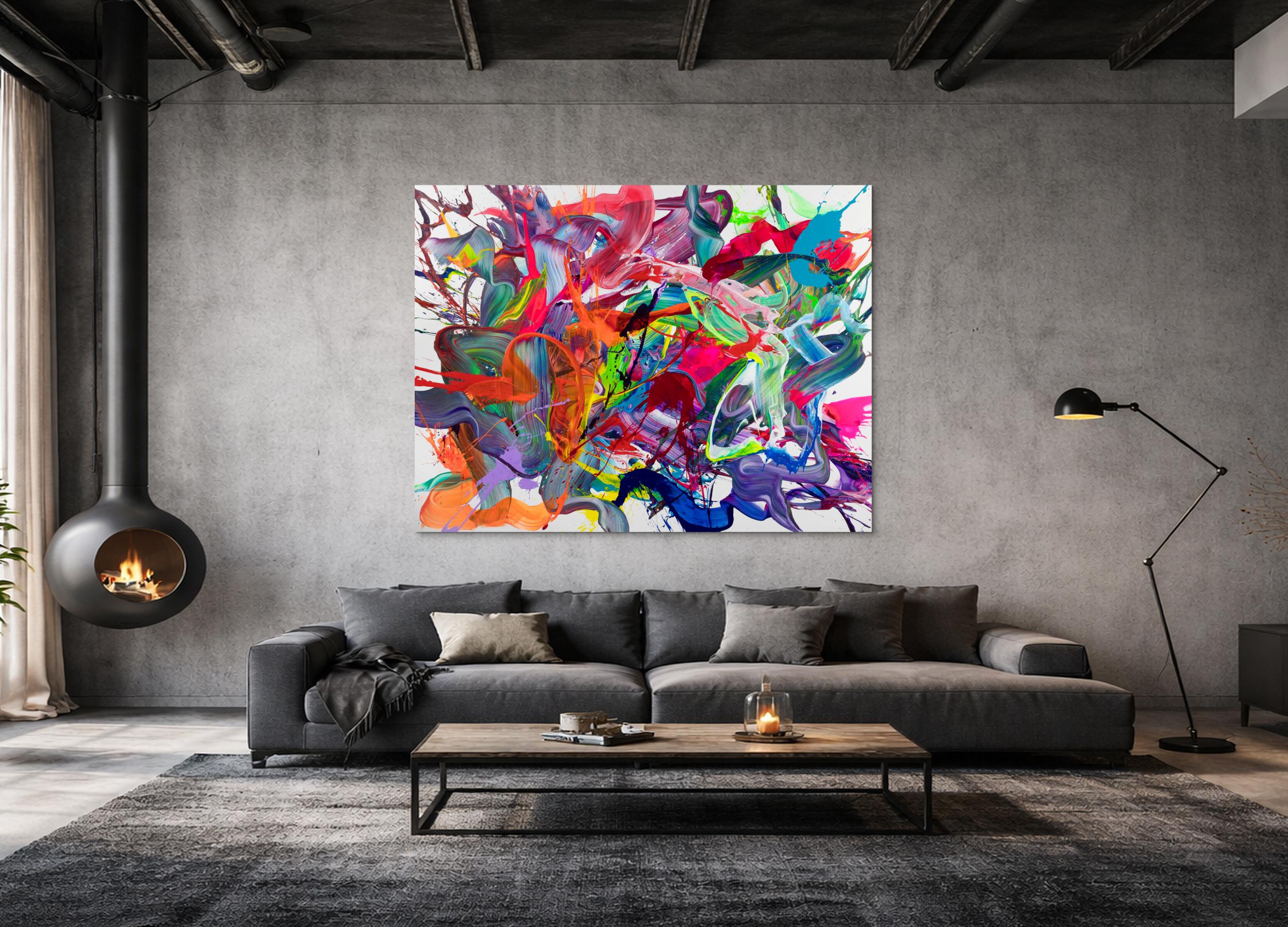 Abstraktes Original-Gemälde 140x180cm Querformat bunte Farben Neon mit Türkis Orange und Rosa
