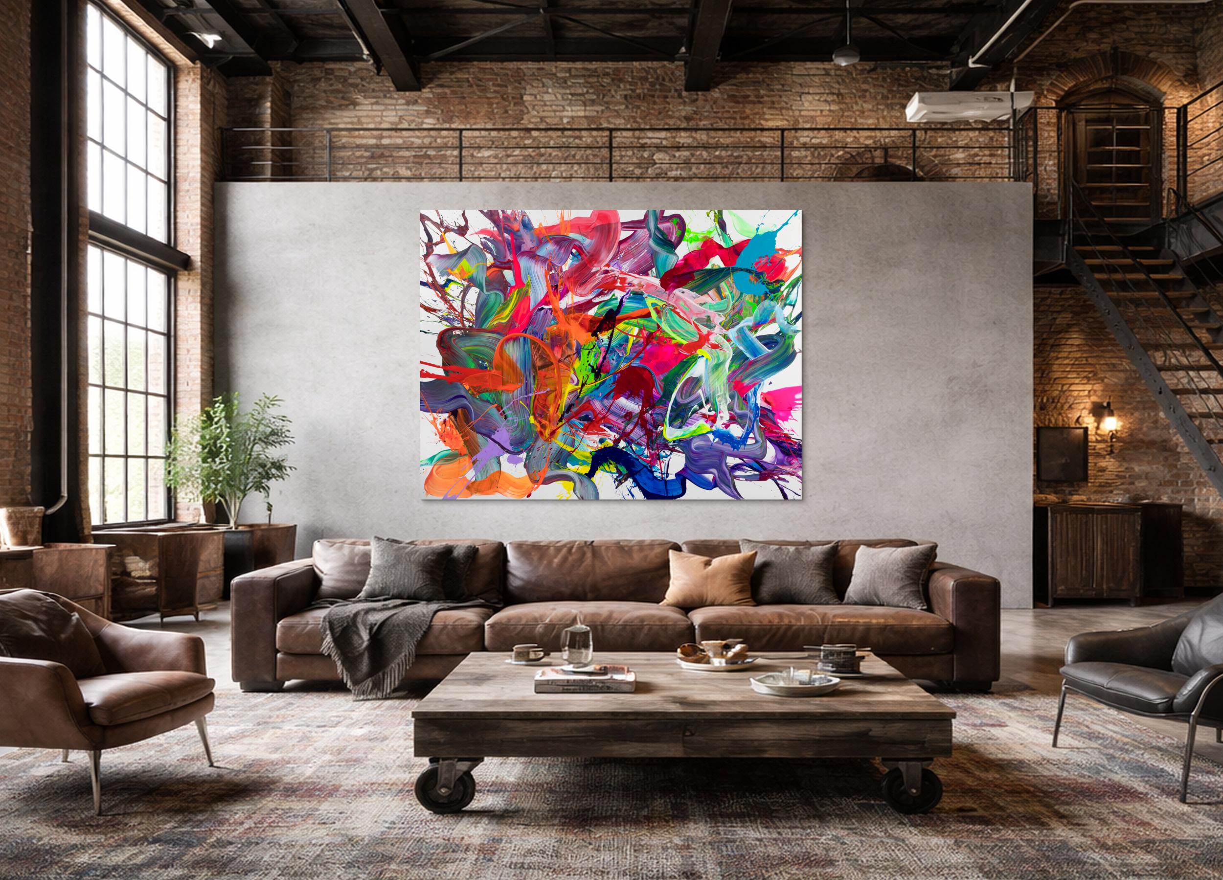 Abstraktes Original-Gemälde 140x180cm Querformat bunte Farben Neon mit Türkis Orange und Rosa