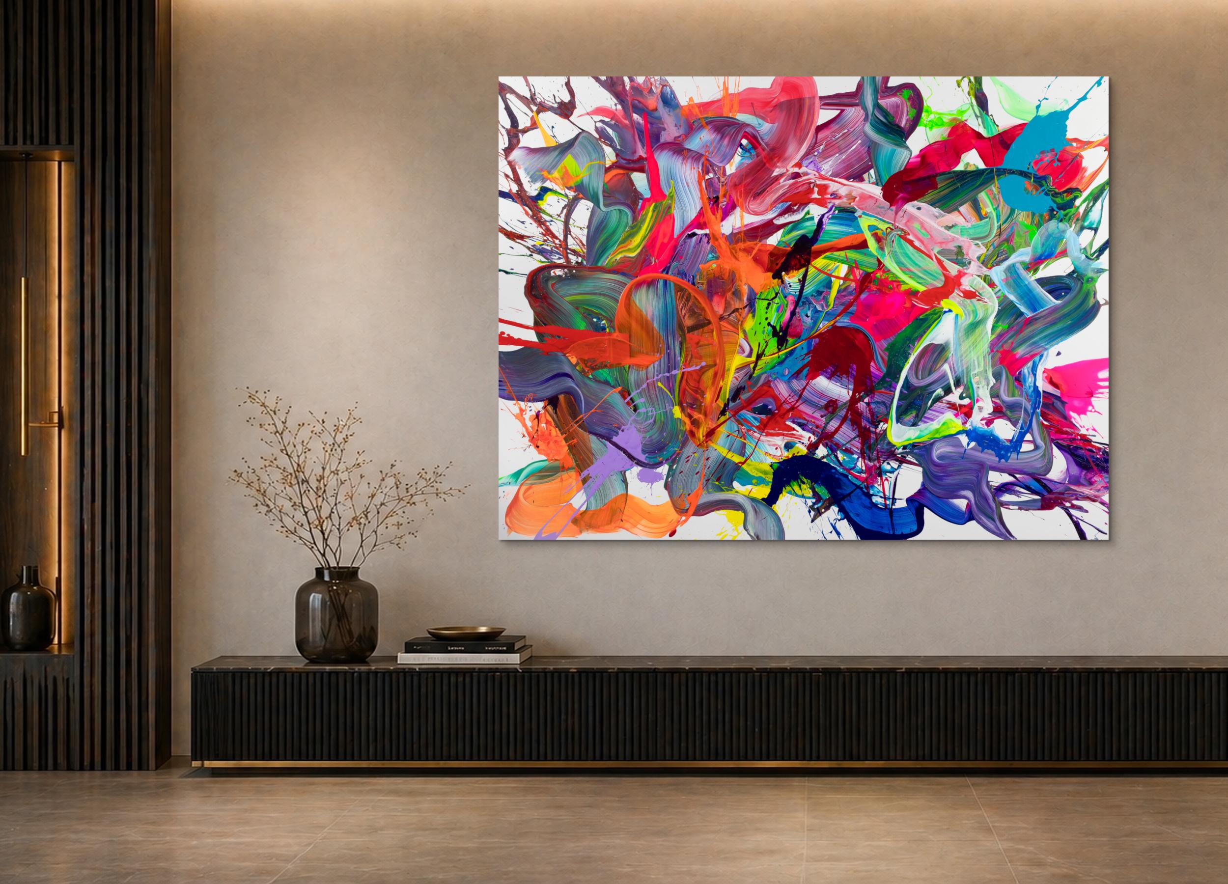 Abstraktes Original-Gemälde 140x180cm Querformat bunte Farben Neon mit Türkis Orange und Rosa