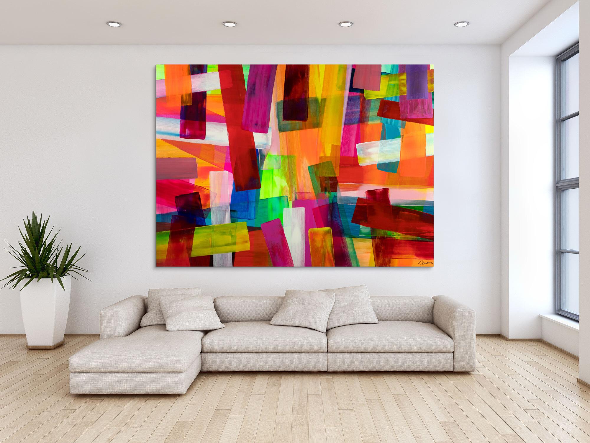 Abstraktes Original-Gemälde 150x200cm Querformat - Orange Rosa Bunt auf Leinwand