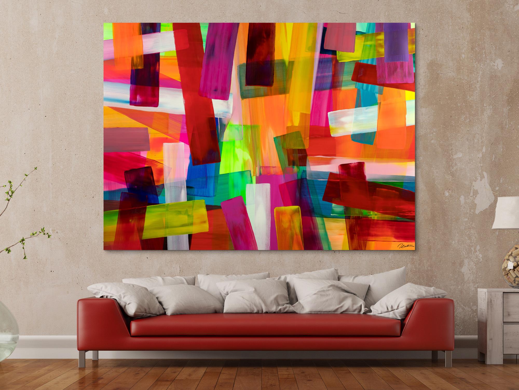 Abstraktes Original-Gemälde 150x200cm Querformat - Orange Rosa Bunt auf Leinwand