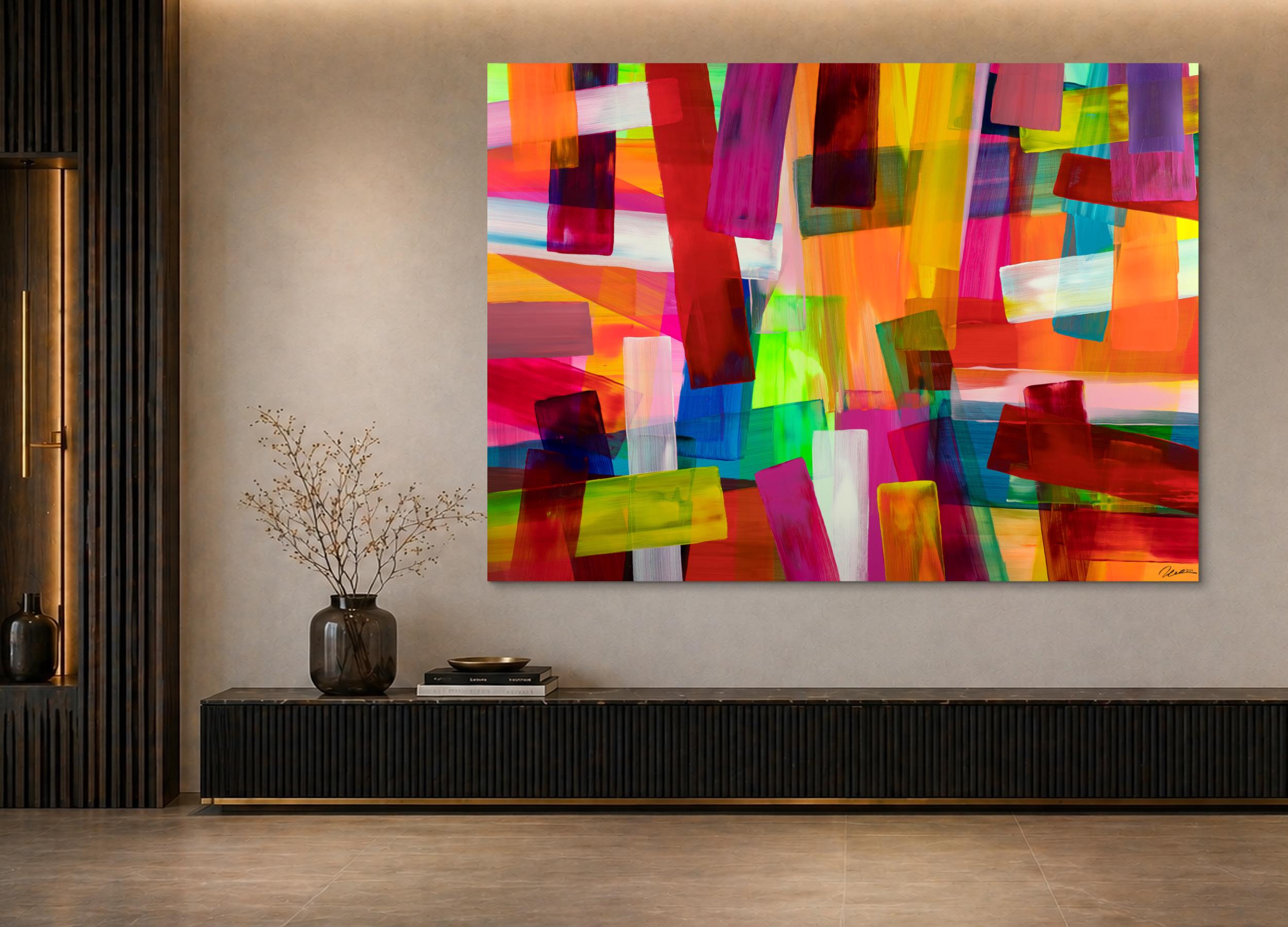 Abstraktes Original-Gemälde 150x200cm Querformat - Orange Rosa Bunt auf Leinwand