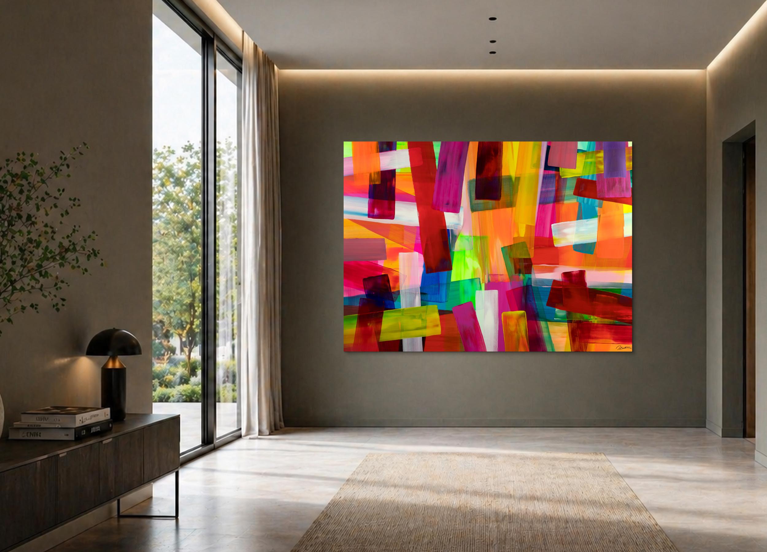 Abstraktes Original-Gemälde 150x200cm Querformat - Orange Rosa Bunt auf Leinwand