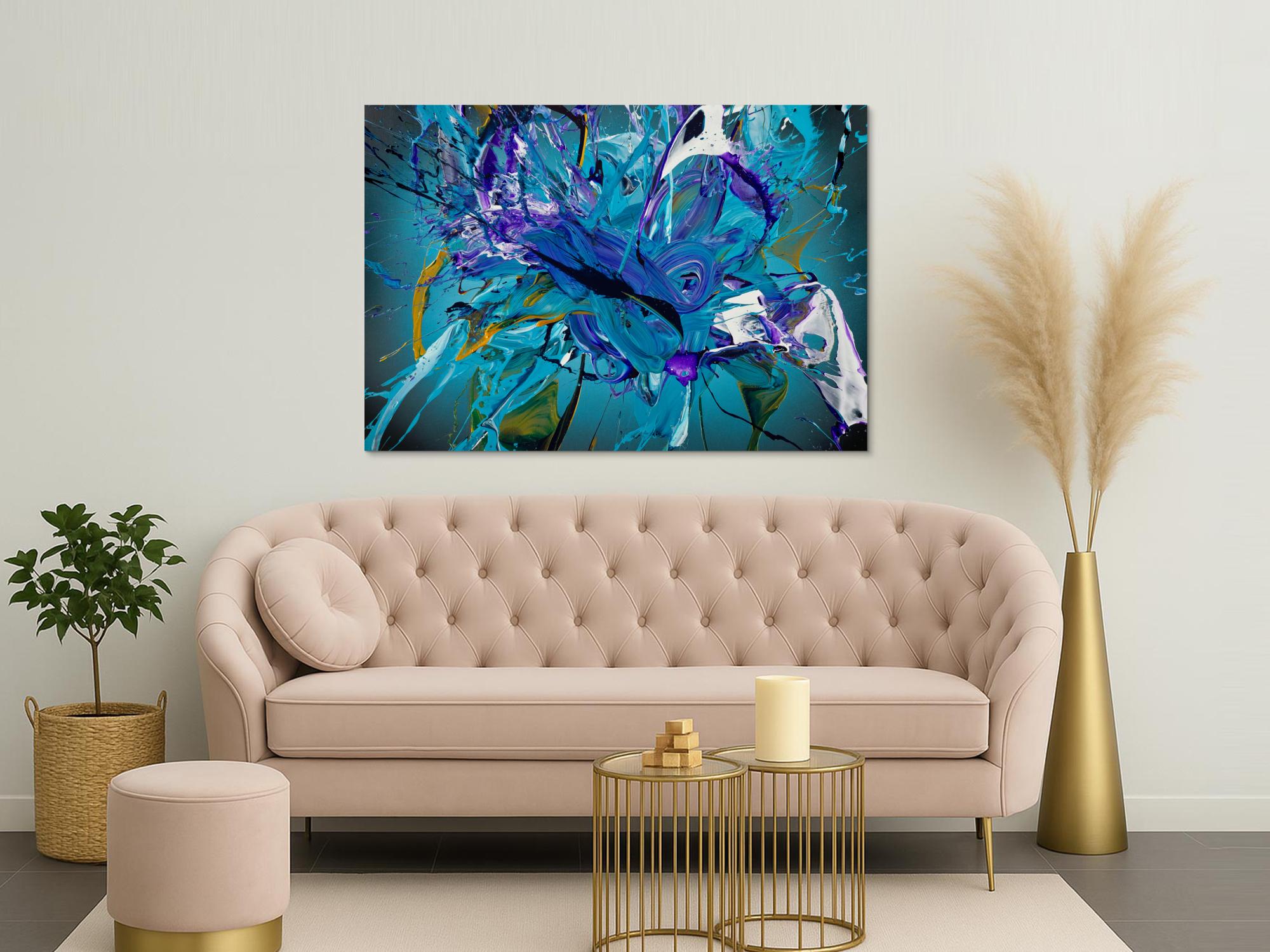 Abstraktes Original-Gemälde Action Painting 100x145cm Querformat - Türkis, Blau & Gold