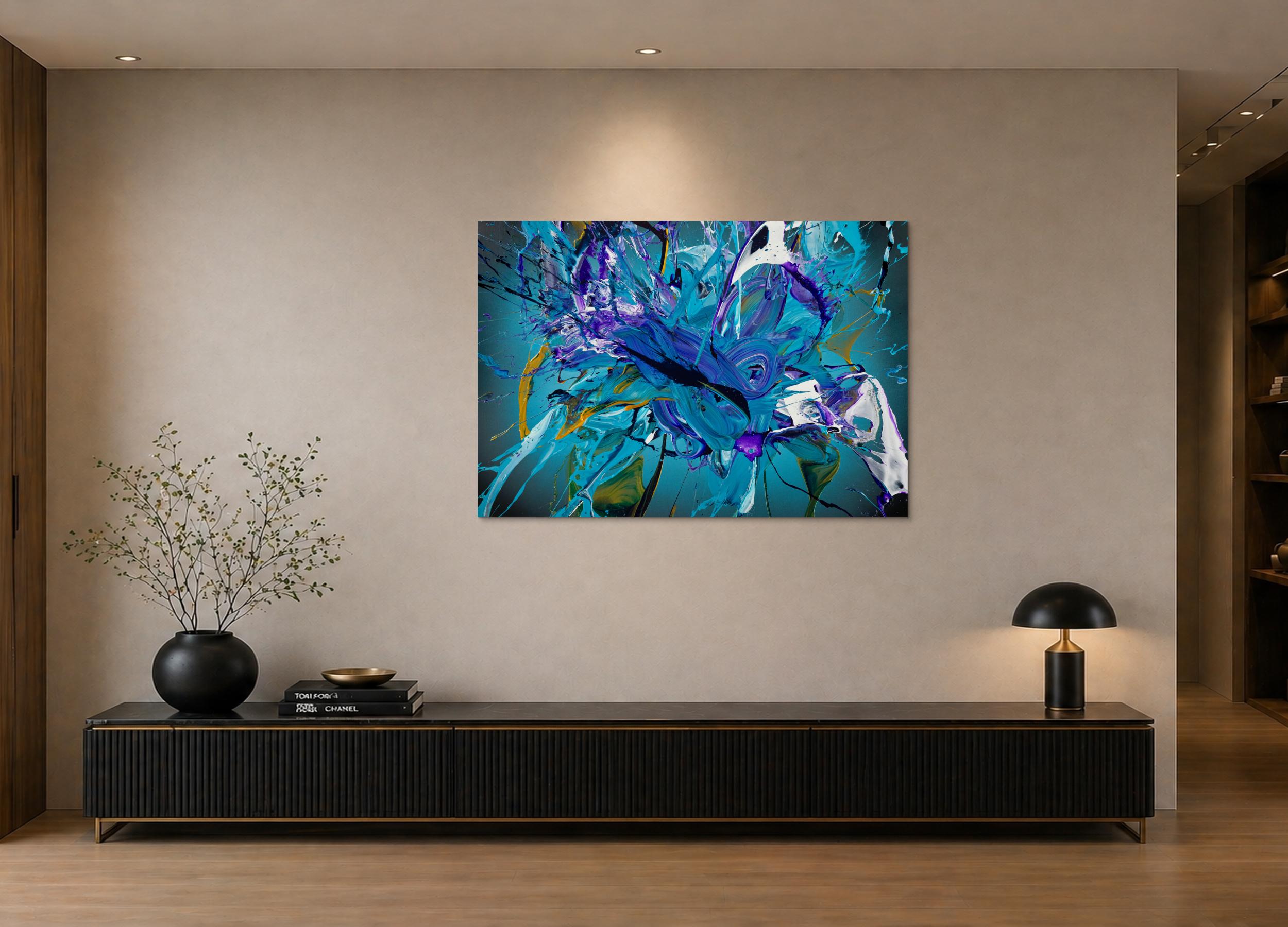 Abstraktes Original-Gemälde Action Painting 100x145cm Querformat - Türkis, Blau & Gold