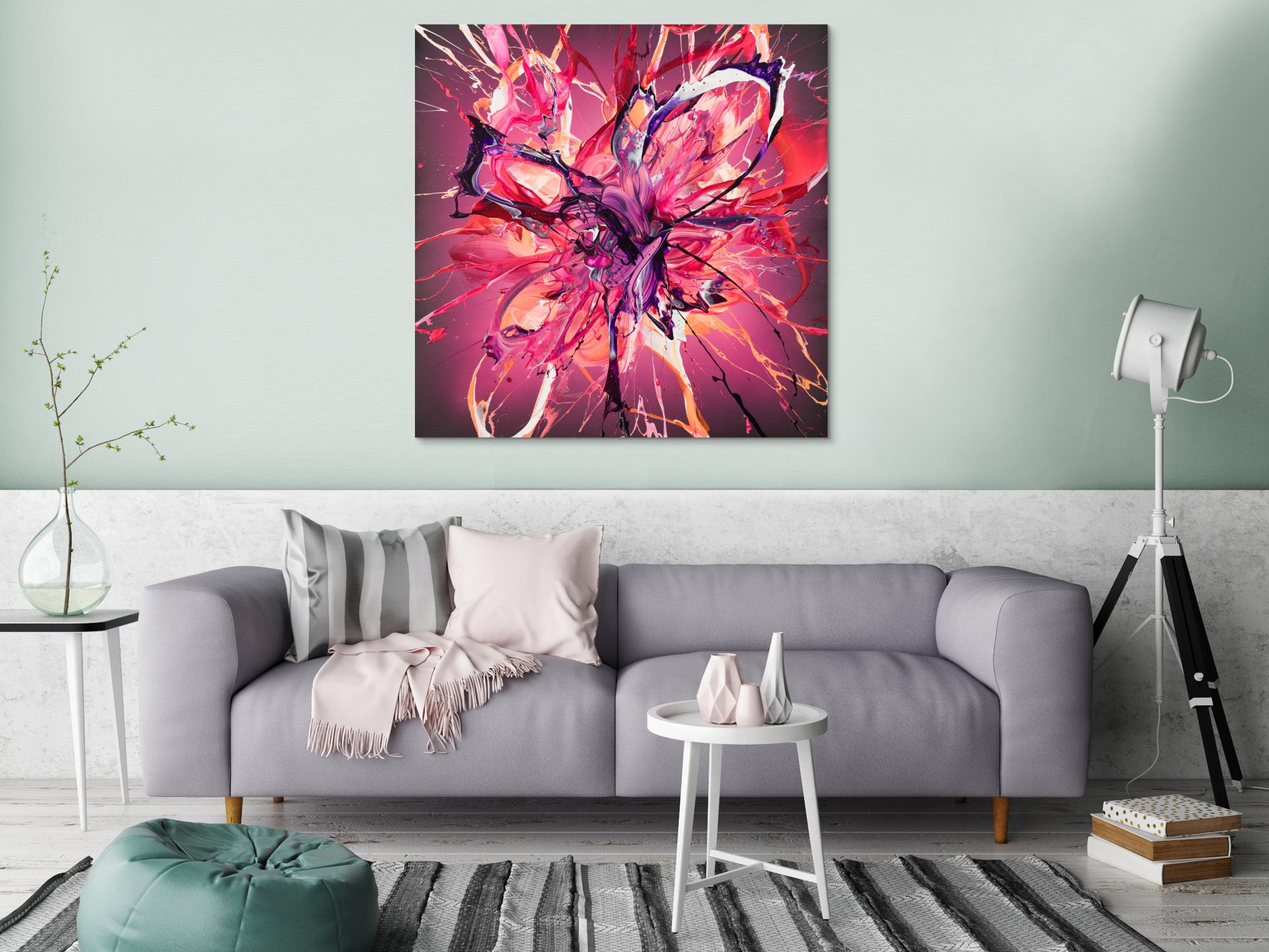 Abstraktes Action Painting Gemälde 100x100cm quadratisch in Pink Rot Violett auf Leinwand