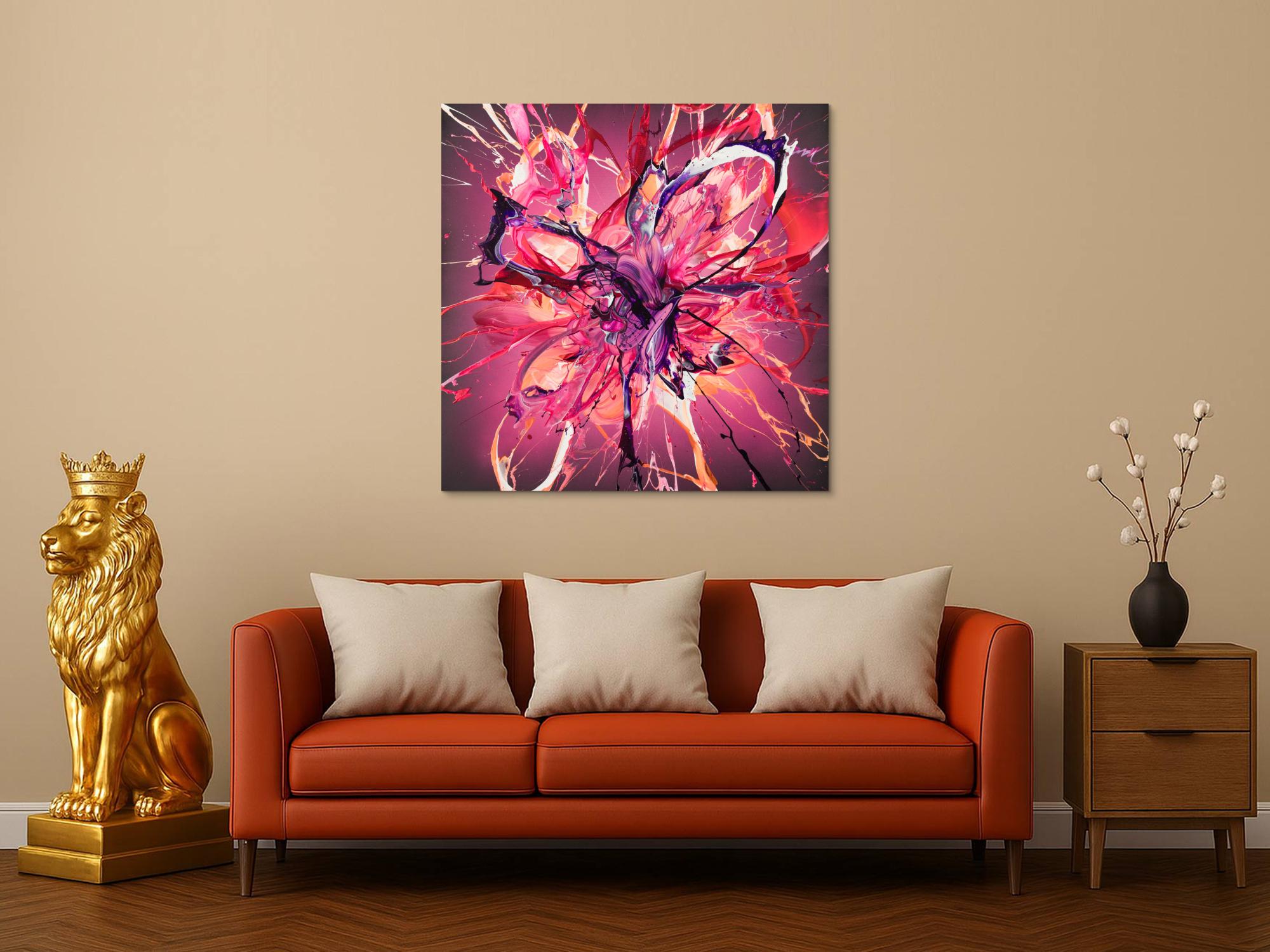 Abstraktes Action Painting Gemälde 100x100cm quadratisch in Pink Rot Violett auf Leinwand