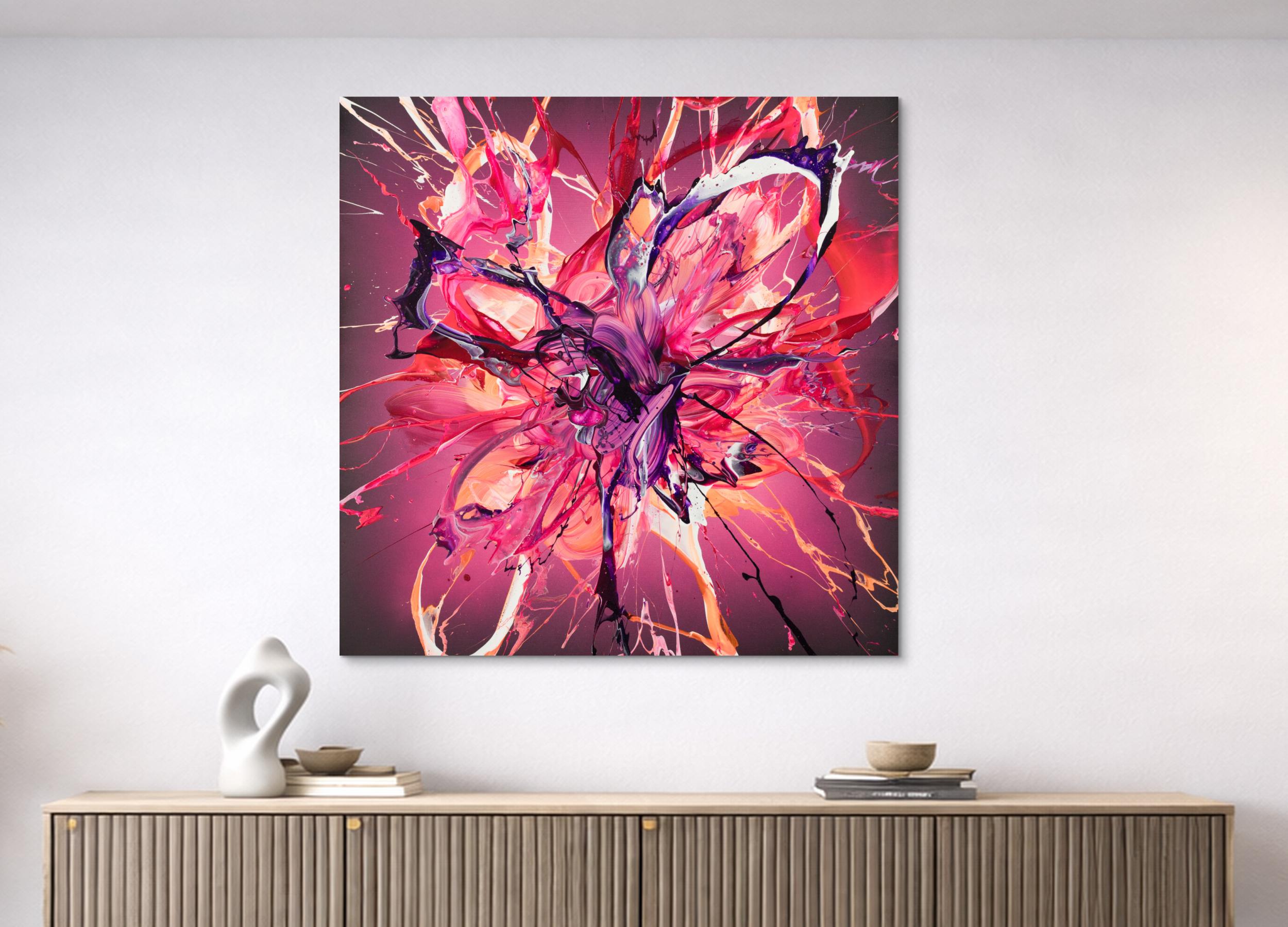 Abstraktes Action Painting Gemälde 100x100cm quadratisch in Pink Rot Violett auf Leinwand