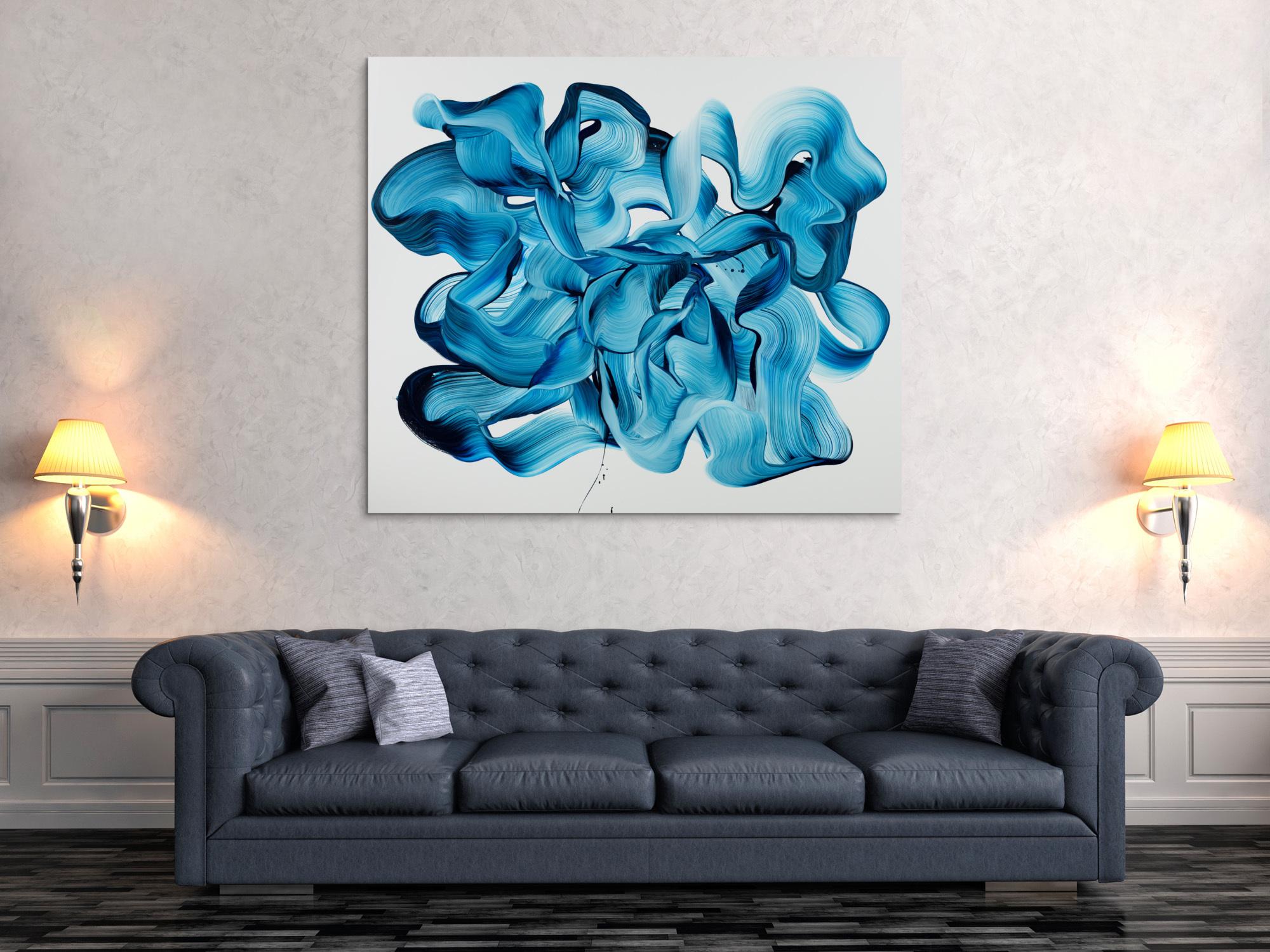 Abstraktes Original-Gemälde Blau-Weiß auf Leinwand 120x140cm Querformat