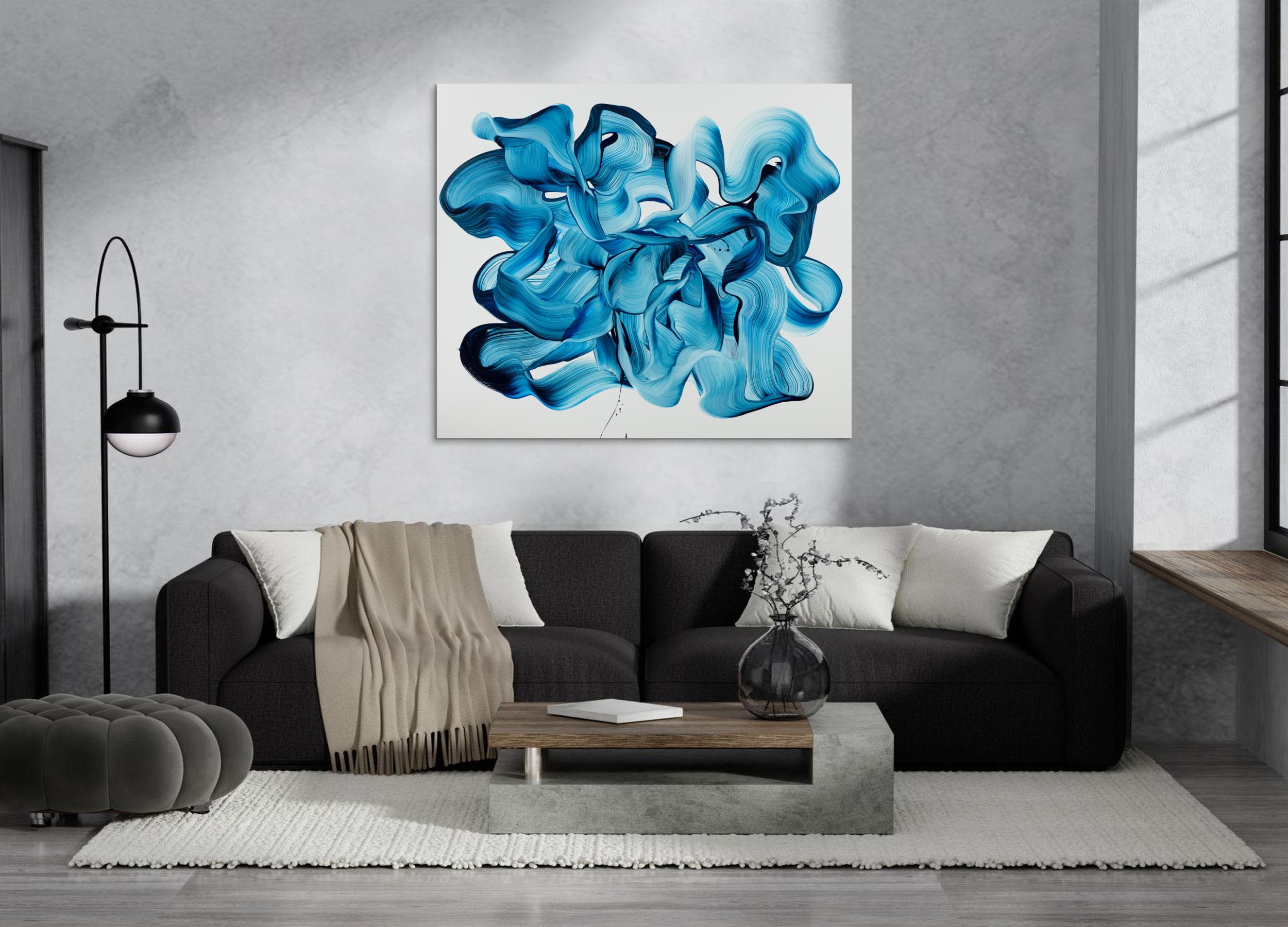 Abstraktes Original-Gemälde Blau-Weiß auf Leinwand 120x140cm Querformat