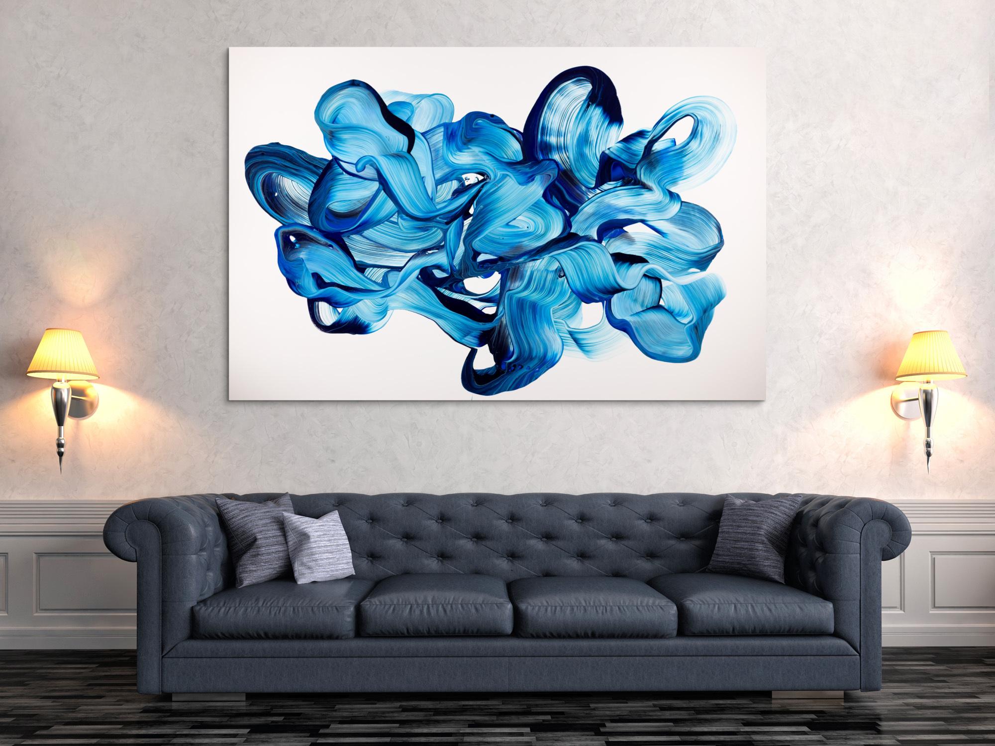 Abstrakte Komposition 120x180cm Querformat – Thalo und Preussisch Blau auf Weiß Original