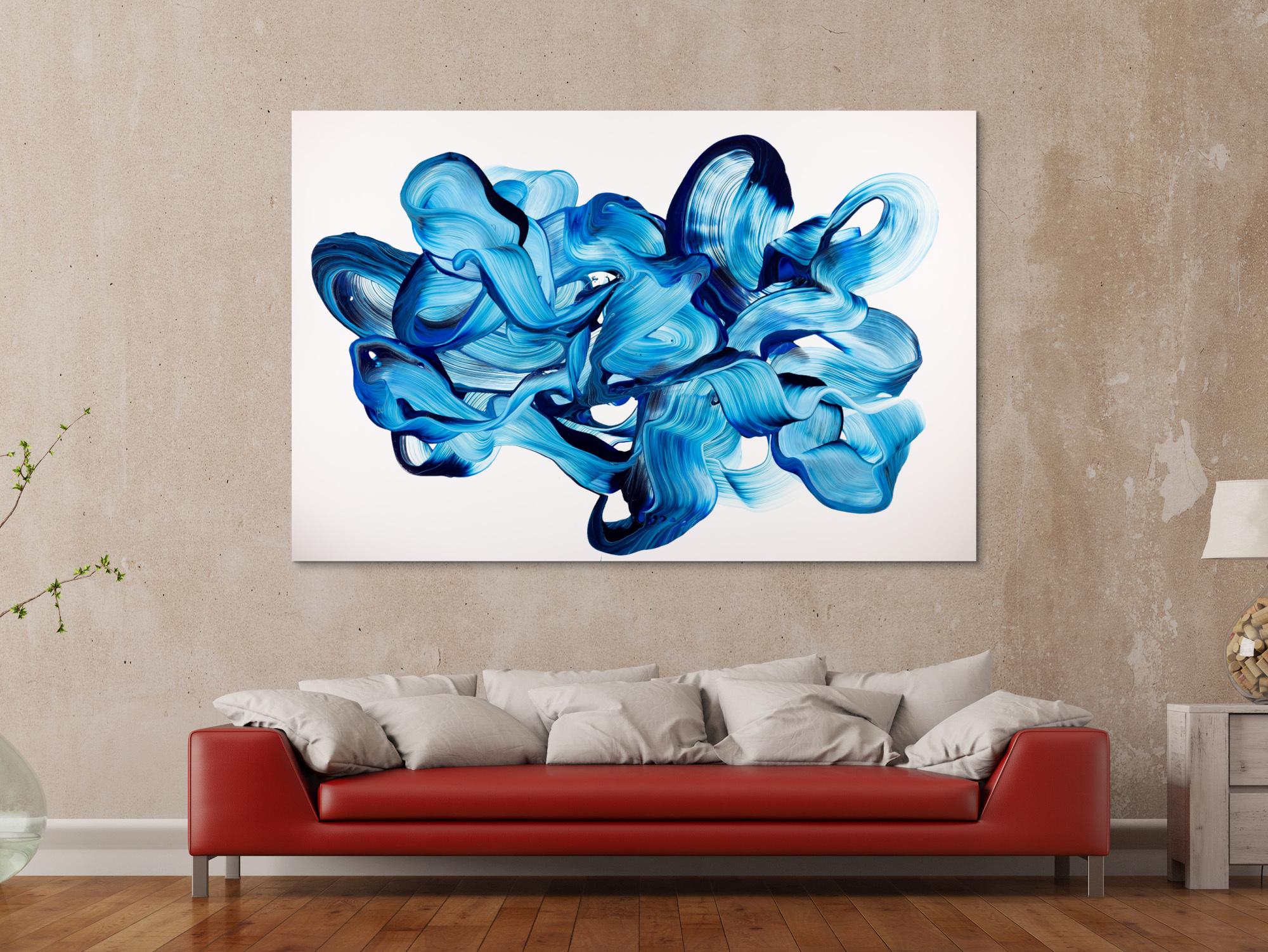 Abstrakte Komposition 120x180cm Querformat – Thalo und Preussisch Blau auf Weiß Original