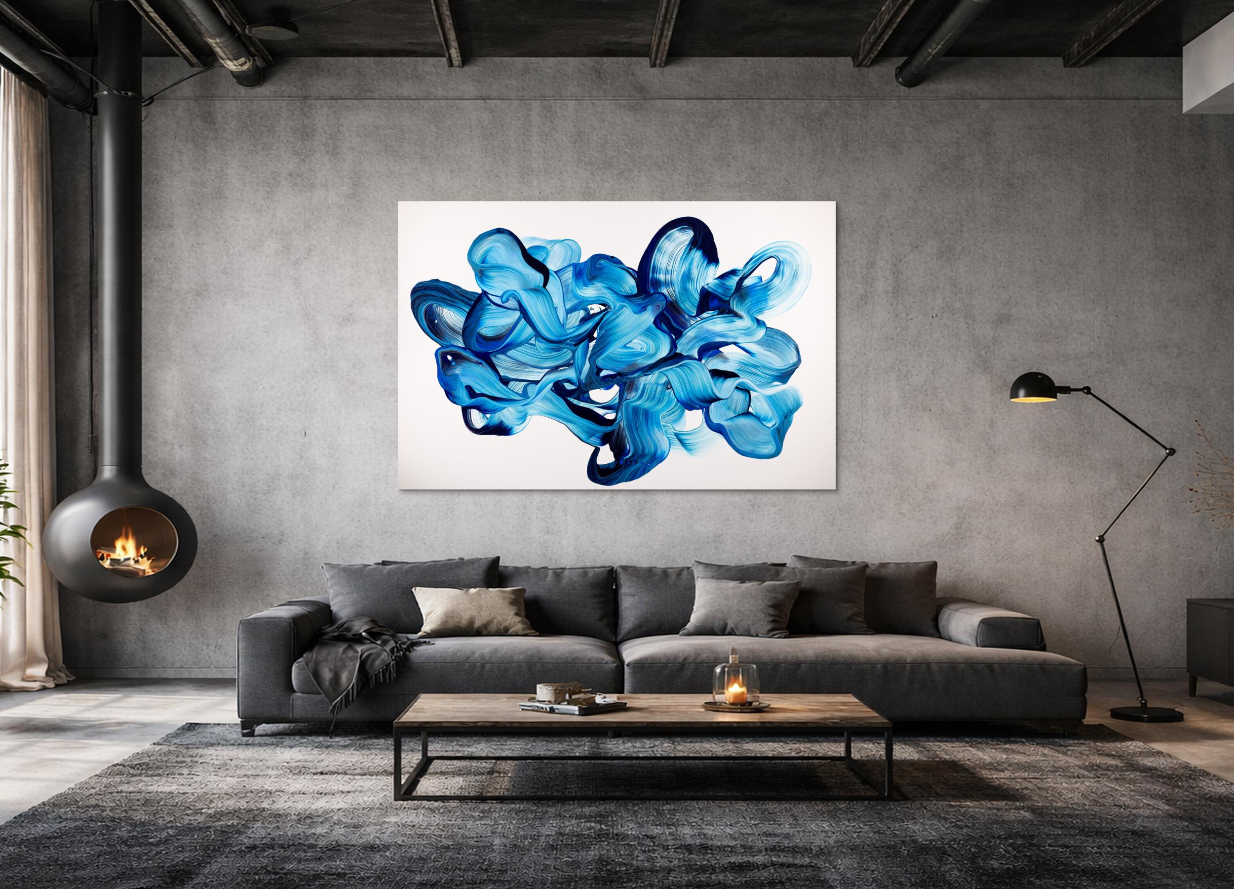 Abstrakte Komposition 120x180cm Querformat – Thalo und Preussisch Blau auf Weiß Original