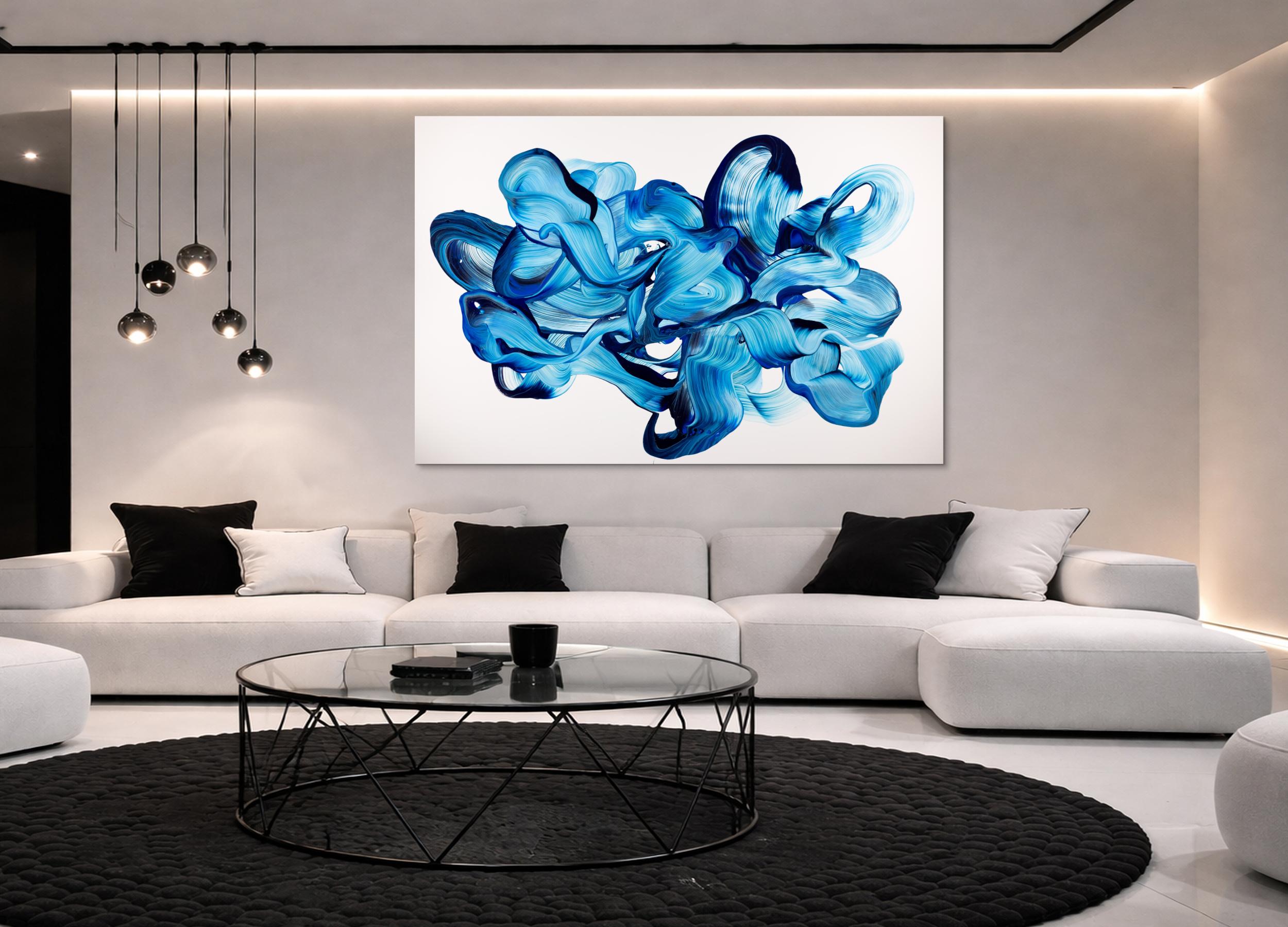 Abstrakte Komposition 120x180cm Querformat – Thalo und Preussisch Blau auf Weiß Original
