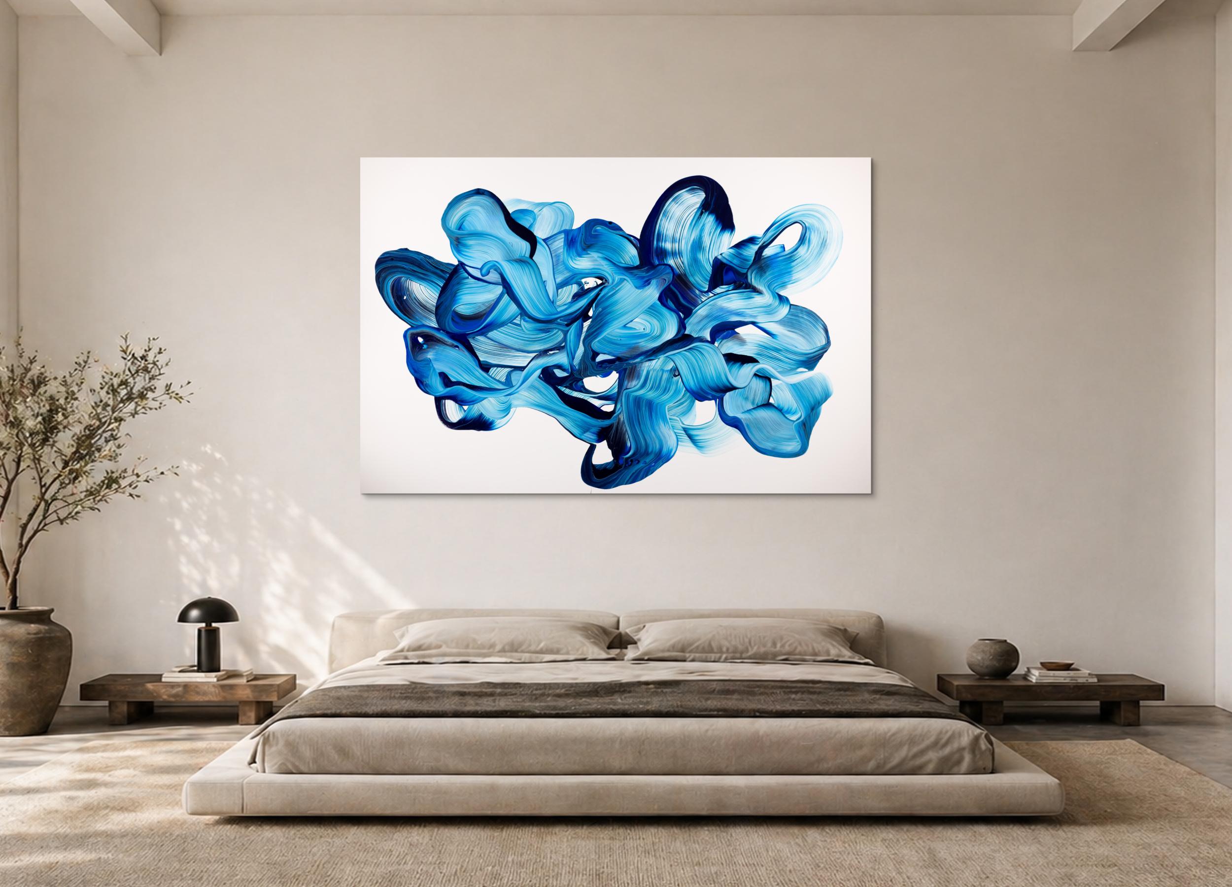Abstrakte Komposition 120x180cm Querformat – Thalo und Preussisch Blau auf Weiß Original