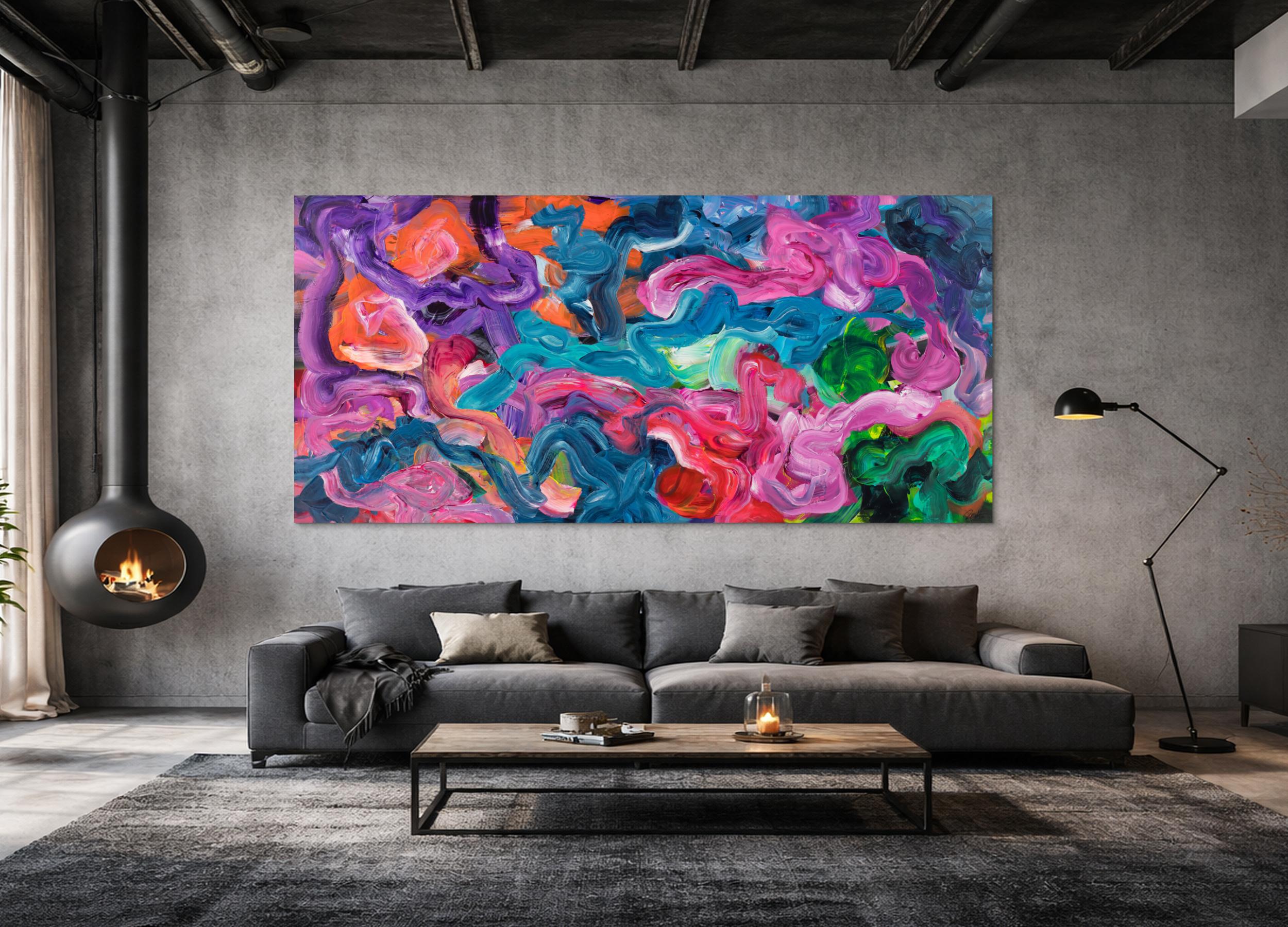 Abstraktes Gemälde XXL Panorama 130x275cm Pastos Türkis Pink Orange Grün