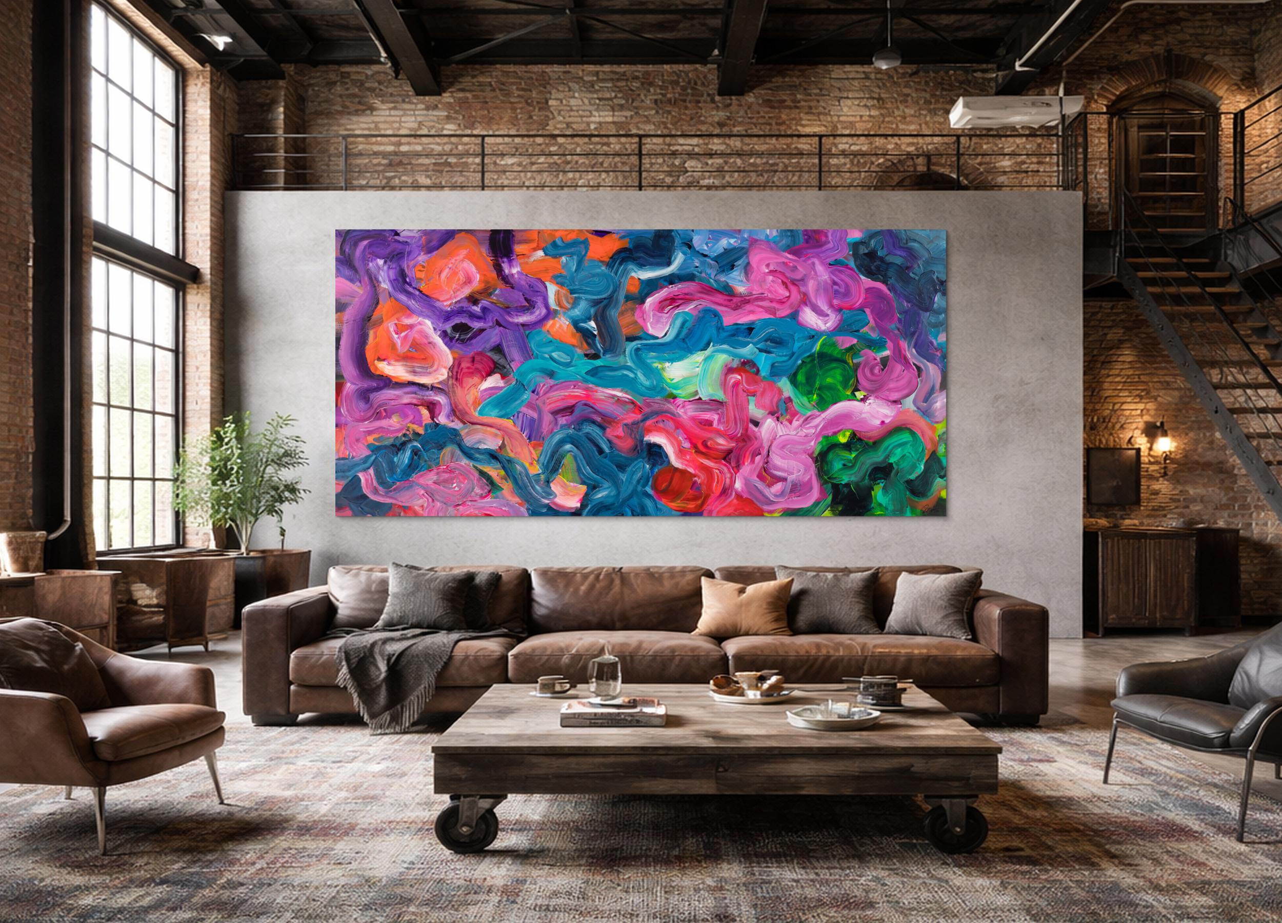 Abstraktes Gemälde XXL Panorama 130x275cm Pastos Türkis Pink Orange Grün