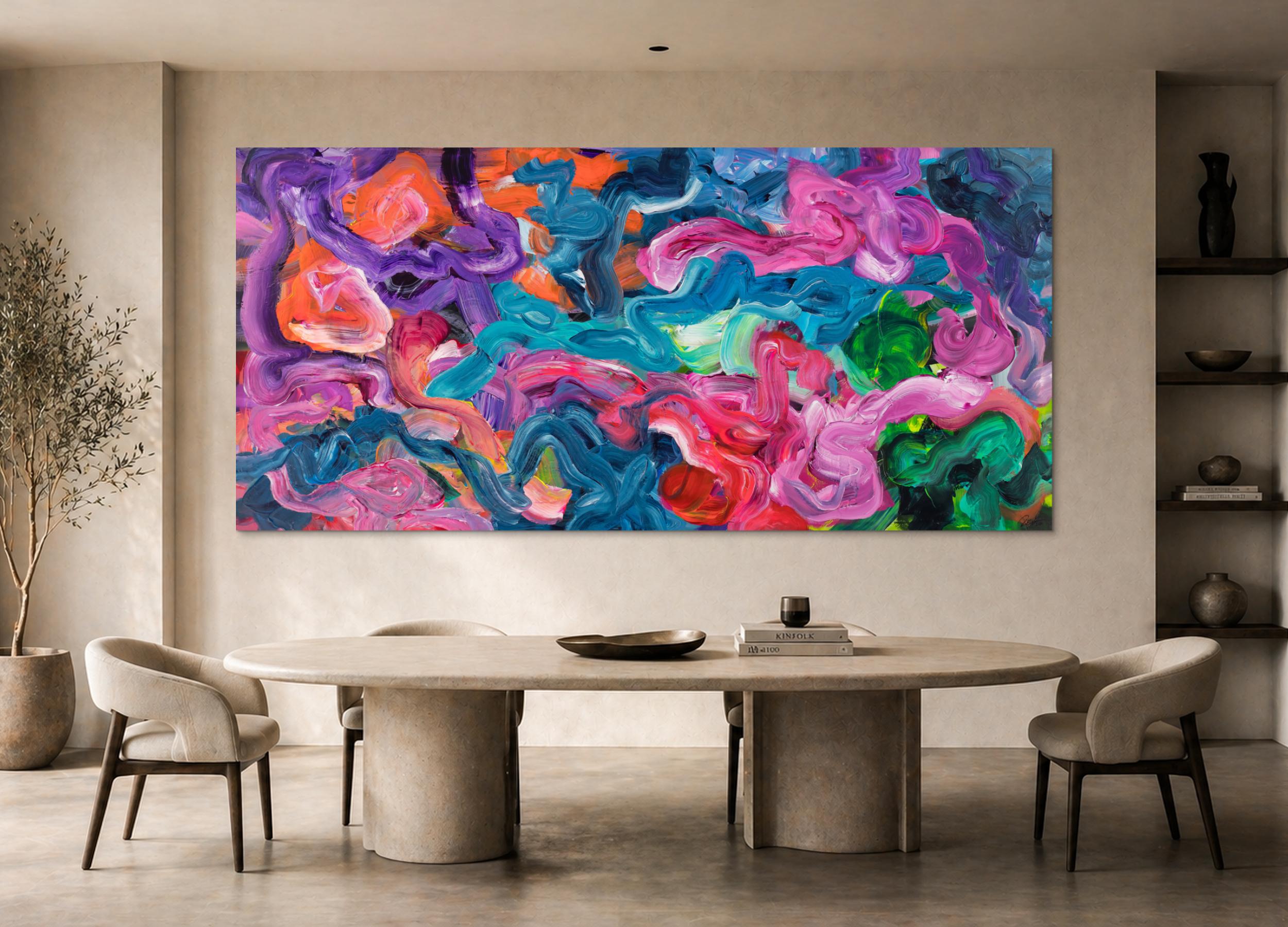 Abstraktes Gemälde XXL Panorama 130x275cm Pastos Türkis Pink Orange Grün