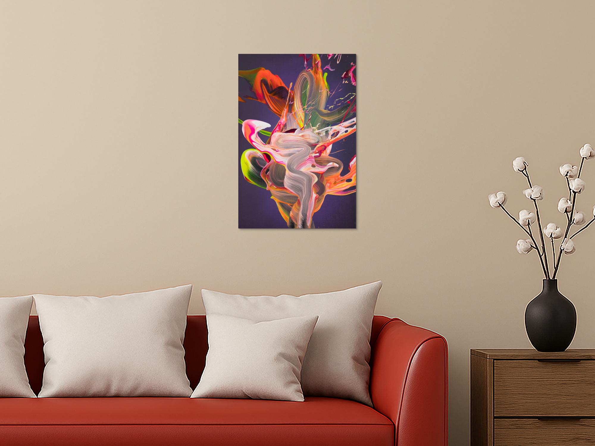 Abstraktes Original-Gemälde 60x40cm Hochformat in Violett, Rosa & Orange Neon