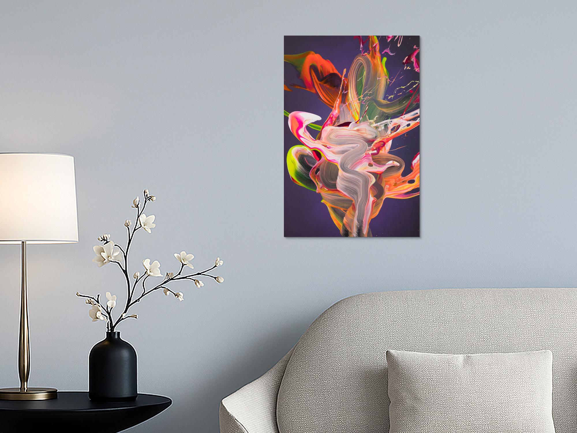 Abstraktes Original-Gemälde 60x40cm Hochformat in Violett, Rosa & Orange Neon