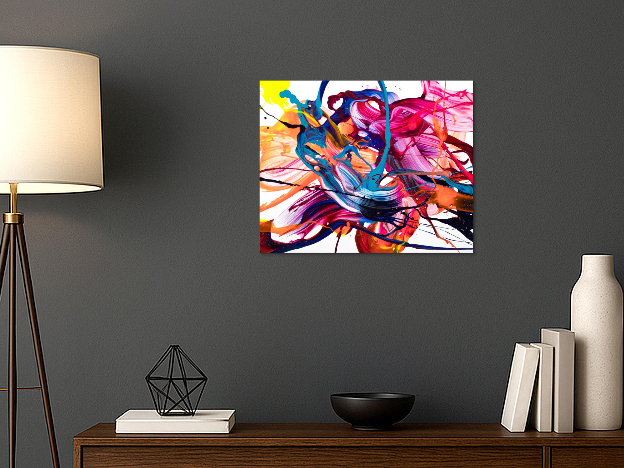 Abstraktes Original-Gemälde Action Painting 50x60cm Querformat in Blau Rosa und Orange auf Weiß