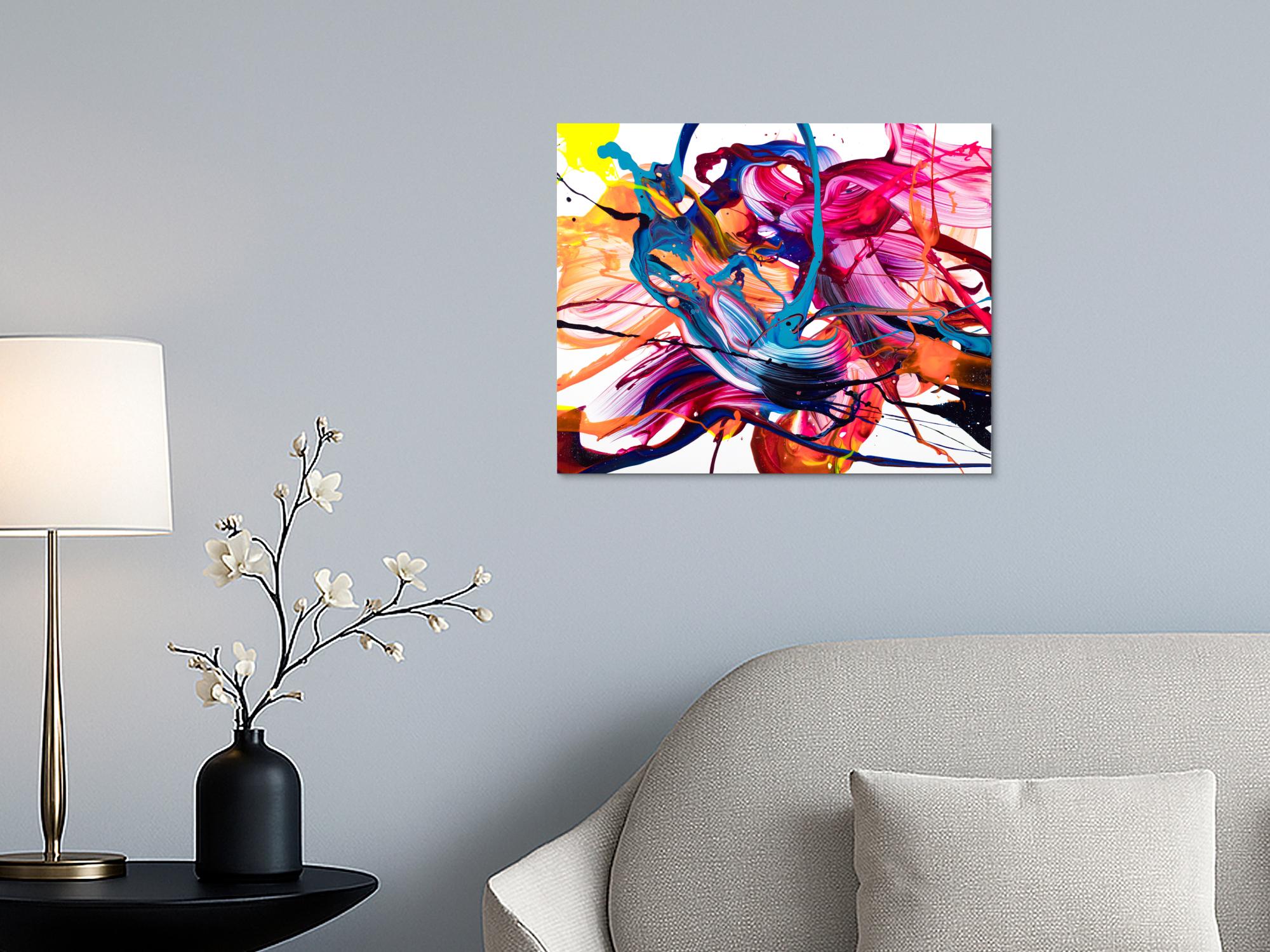 Abstraktes Original-Gemälde Action Painting 50x60cm Querformat in Blau Rosa und Orange auf Weiß
