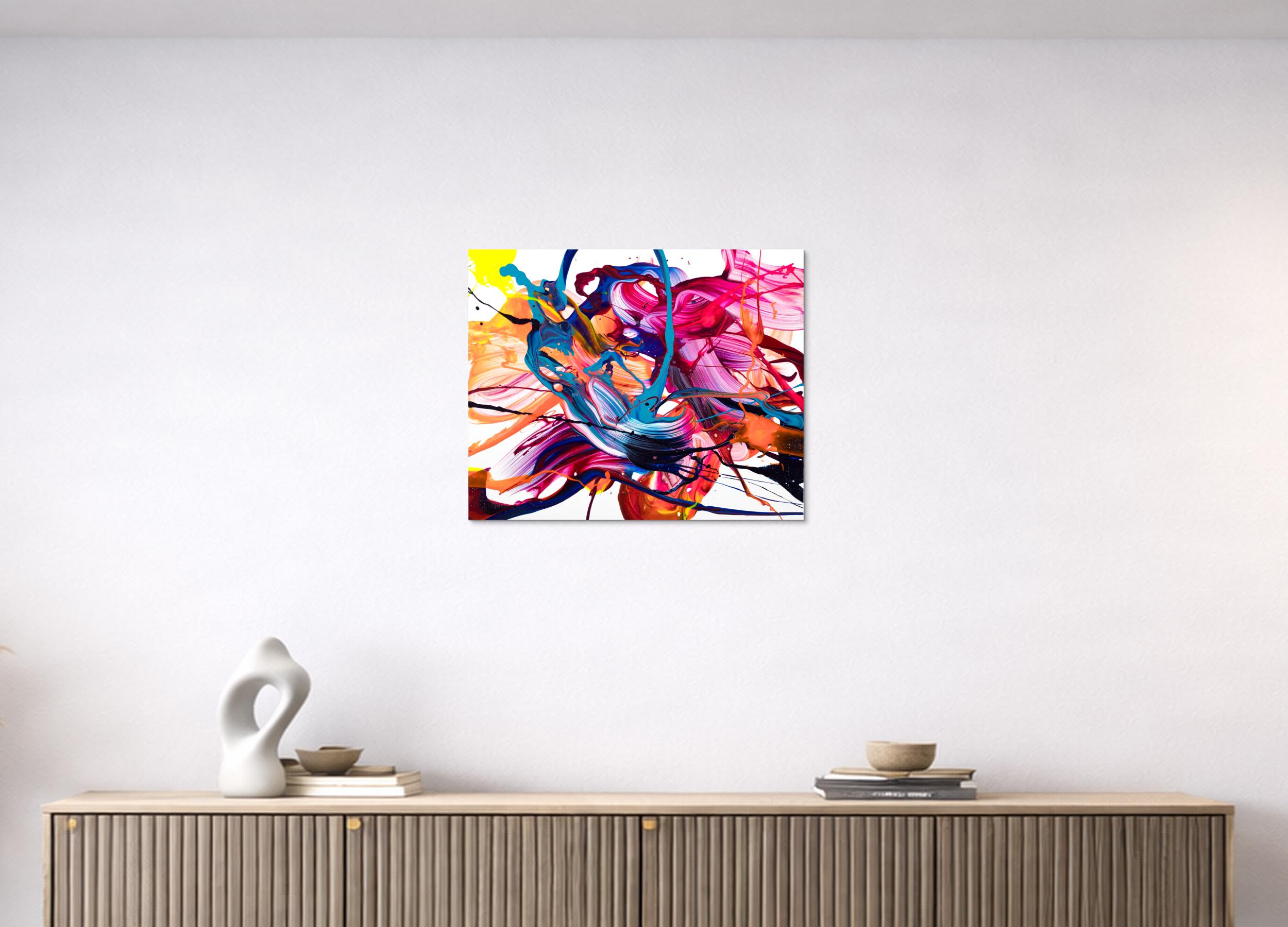 Abstraktes Original-Gemälde Action Painting 50x60cm Querformat in Blau Rosa und Orange auf Weiß