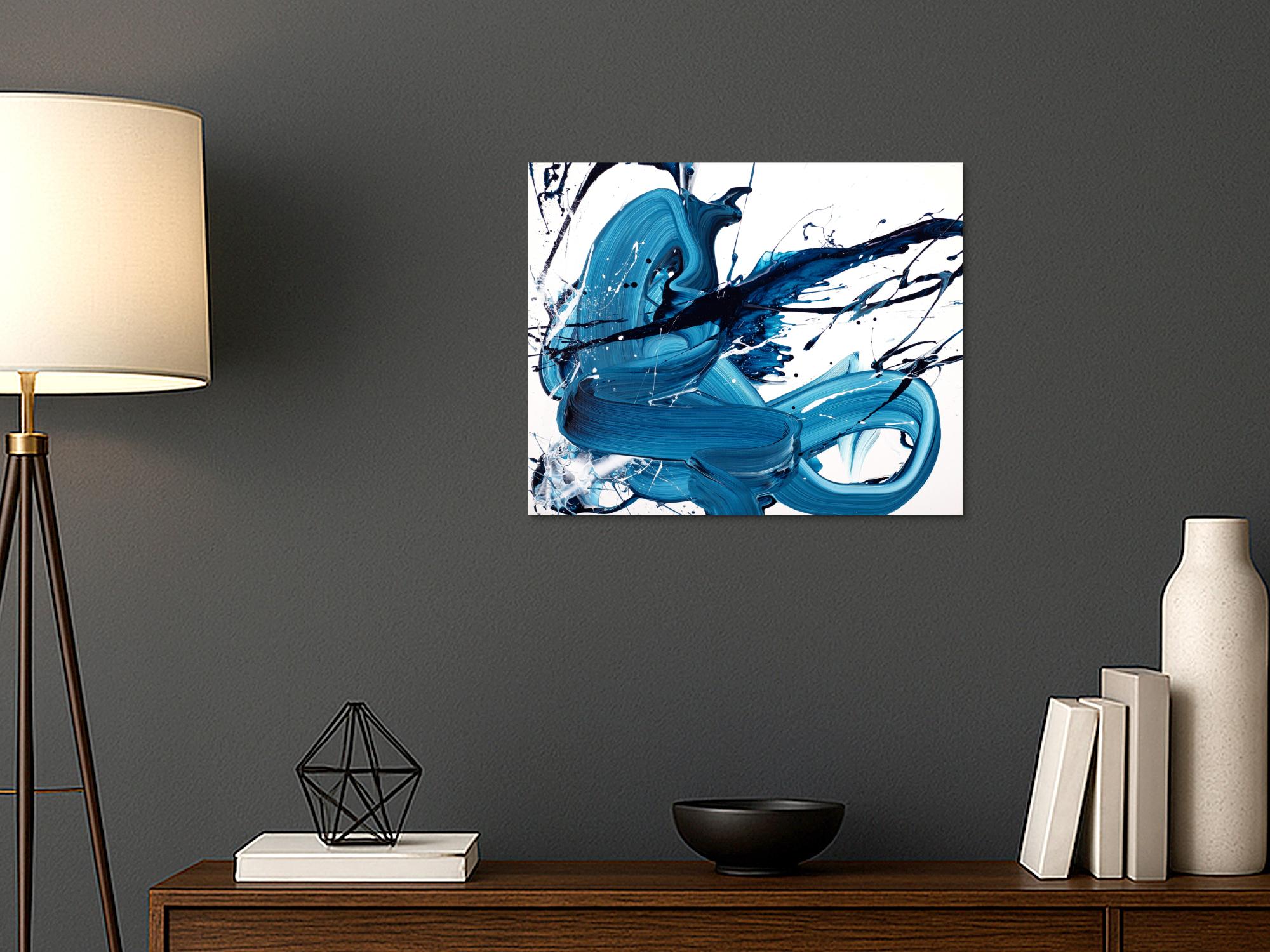 Abstraktes Original-Gemälde Action Painting 50x60cm Querformat Leinwand Blau Weiß