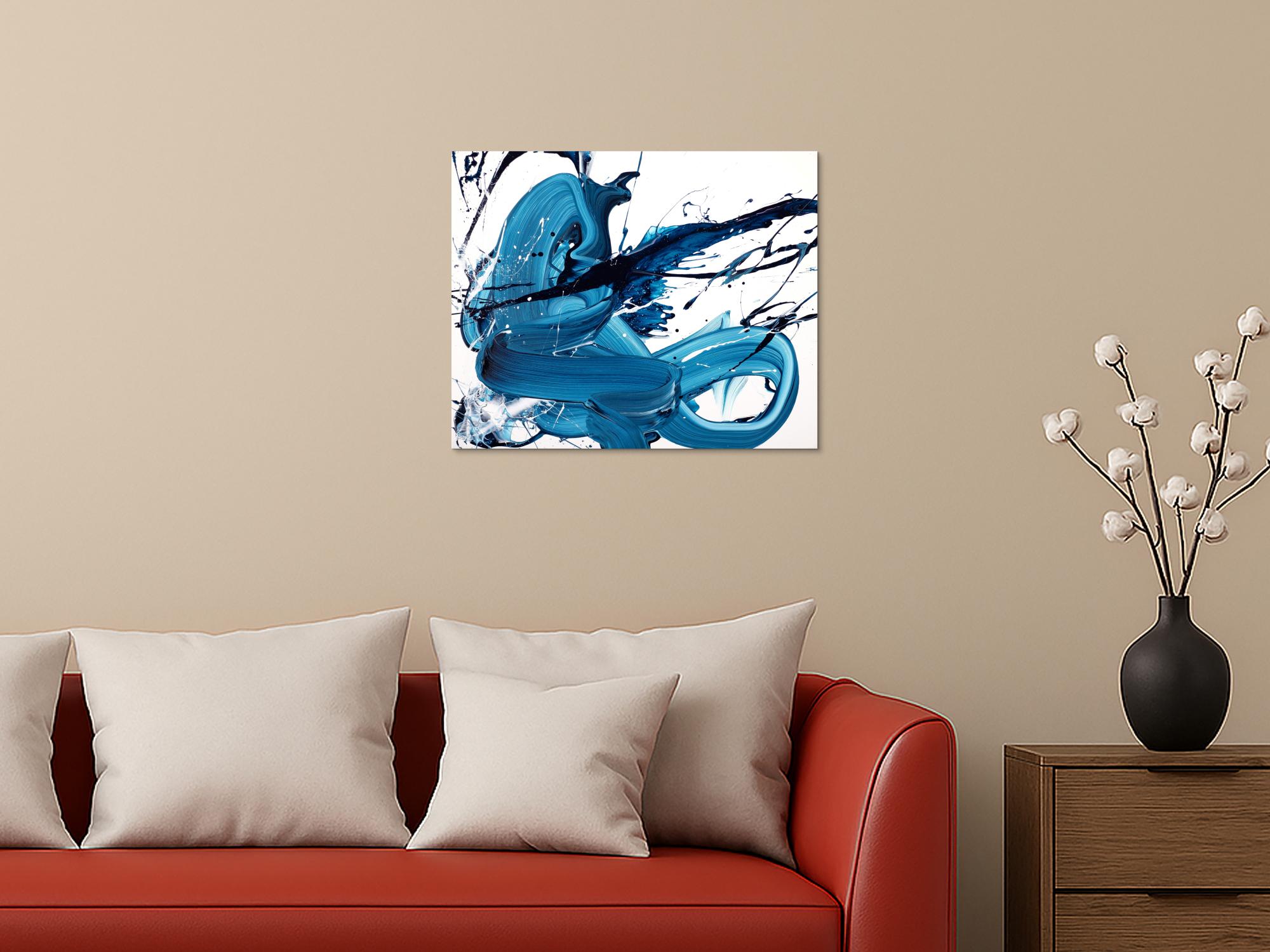 Abstraktes Original-Gemälde Action Painting 50x60cm Querformat Leinwand Blau Weiß