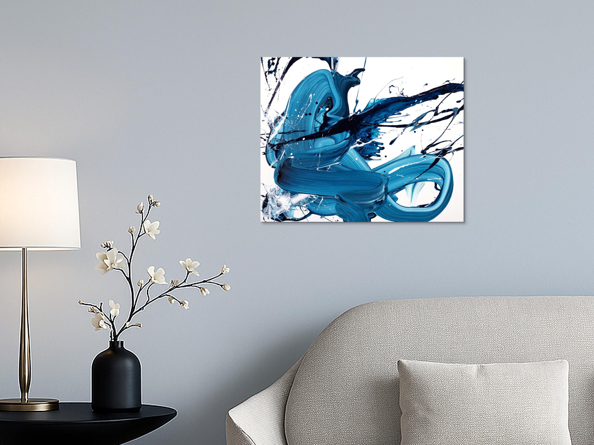 Abstraktes Original-Gemälde Action Painting 50x60cm Querformat Leinwand Blau Weiß