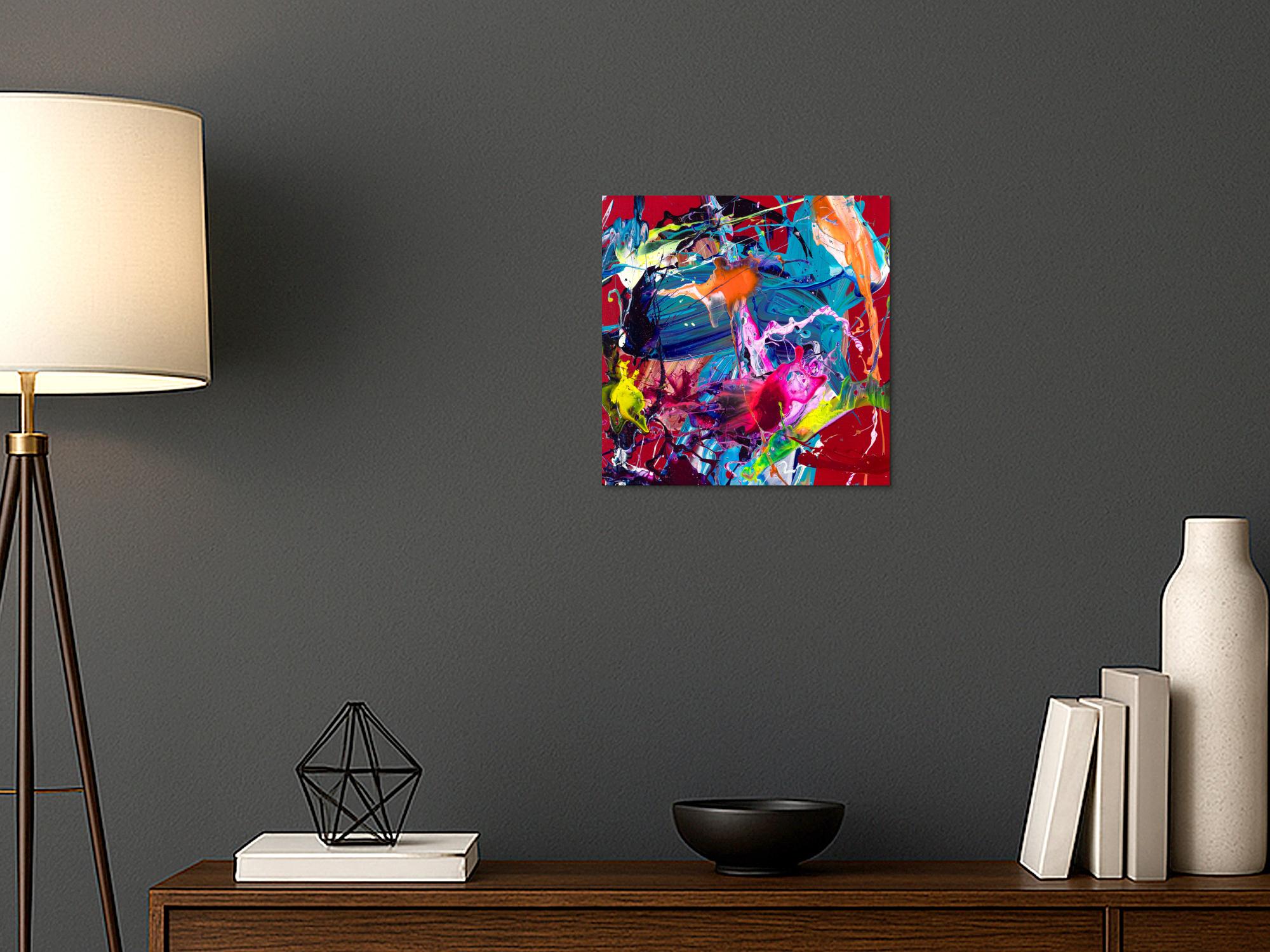 Abstrakte Malerei Action Painting 40x40cm quadratisch Neon Bunt Türkis Pink Leinwand Original