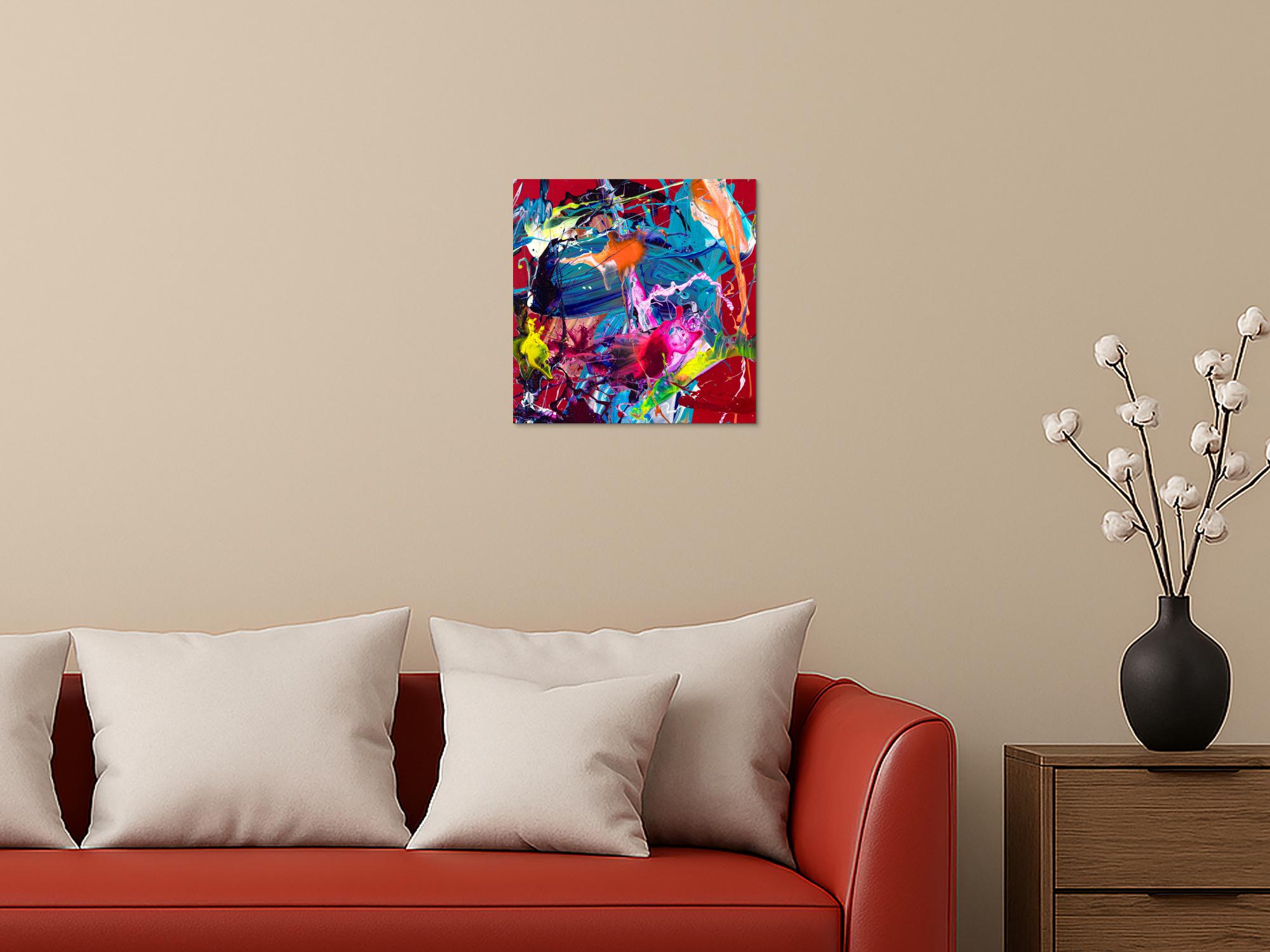 Abstrakte Malerei Action Painting 40x40cm quadratisch Neon Bunt Türkis Pink Leinwand Original