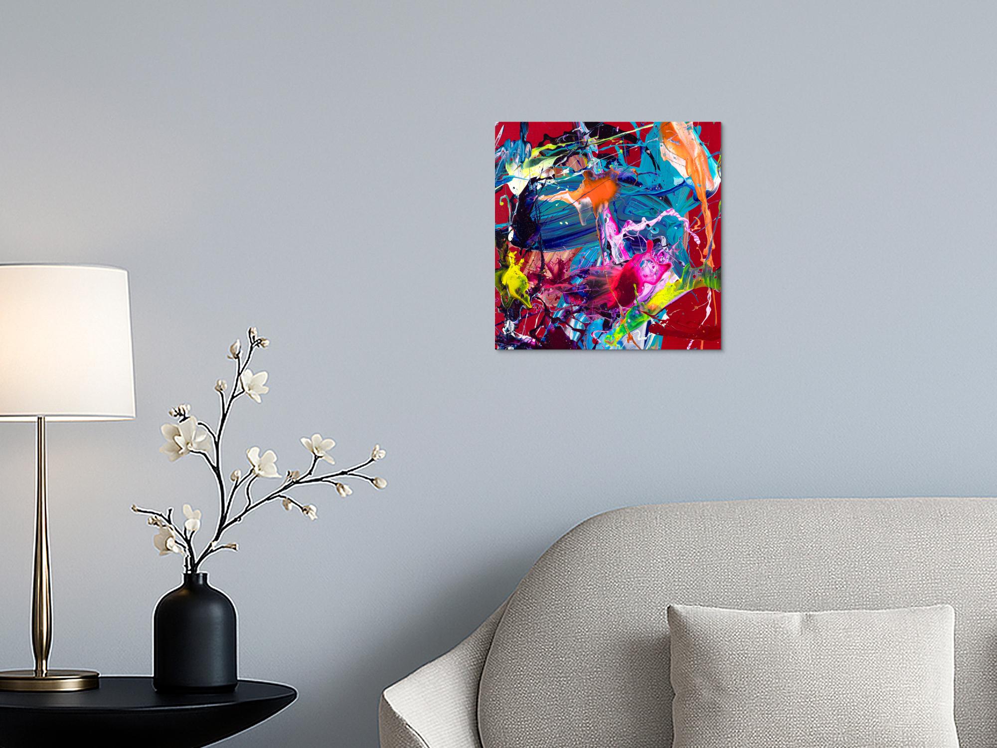 Abstrakte Malerei Action Painting 40x40cm quadratisch Neon Bunt Türkis Pink Leinwand Original