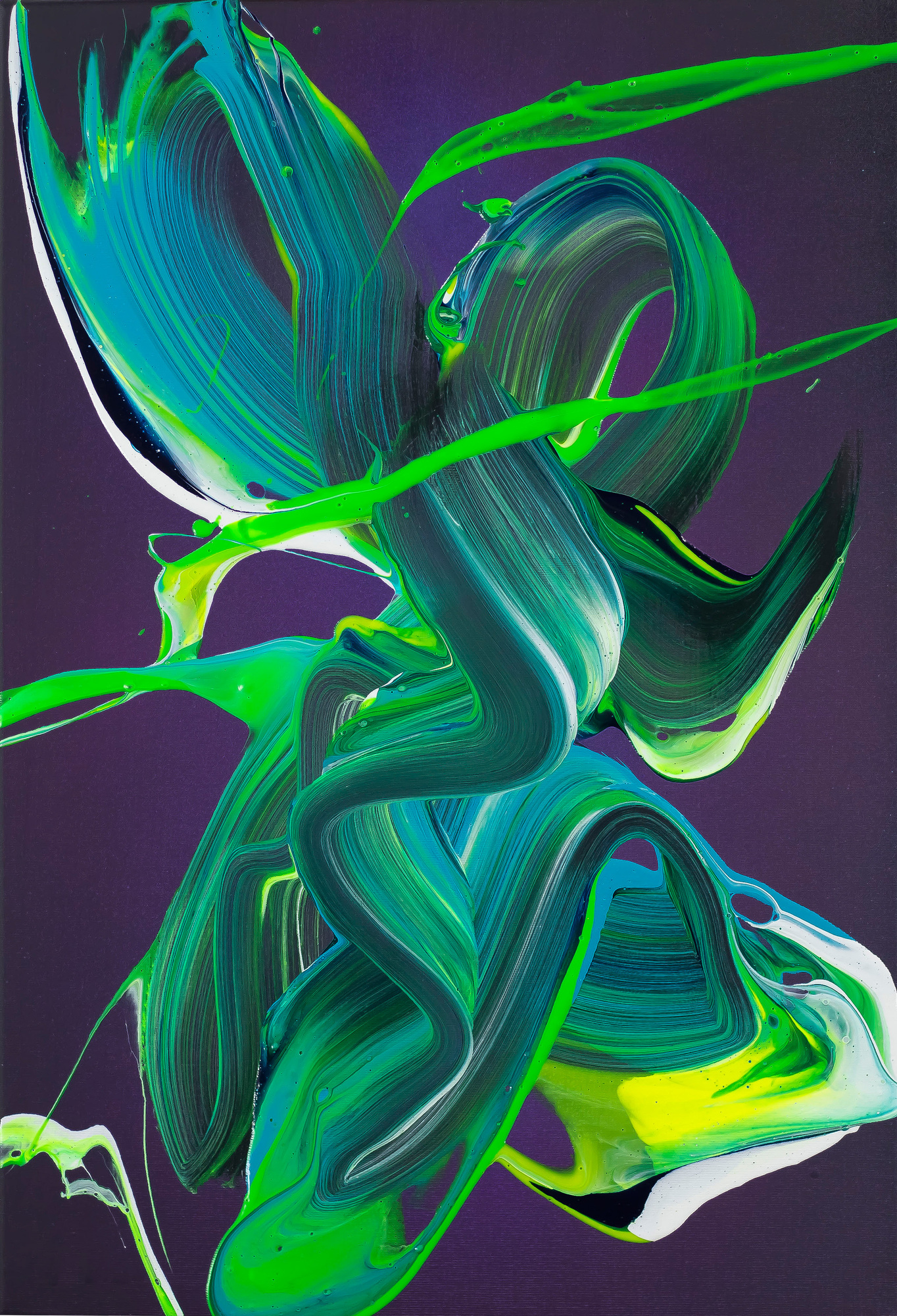 Abstraktes Action Painting Original-Gemälde 60x40cm Hochformat - Neon Grün, Türkis, Violett