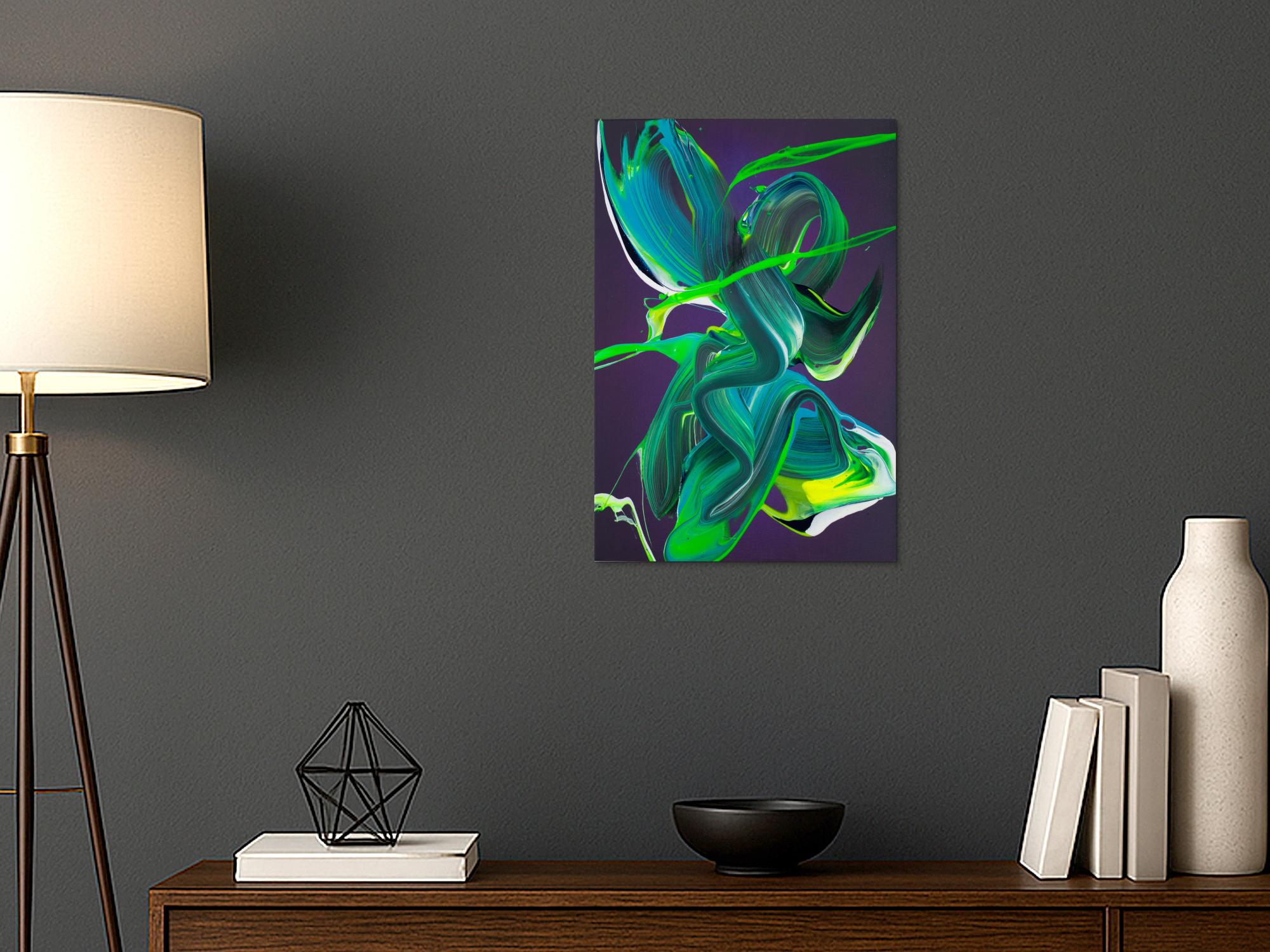 Abstraktes Action Painting Original-Gemälde 60x40cm Hochformat - Neon Grün, Türkis, Violett