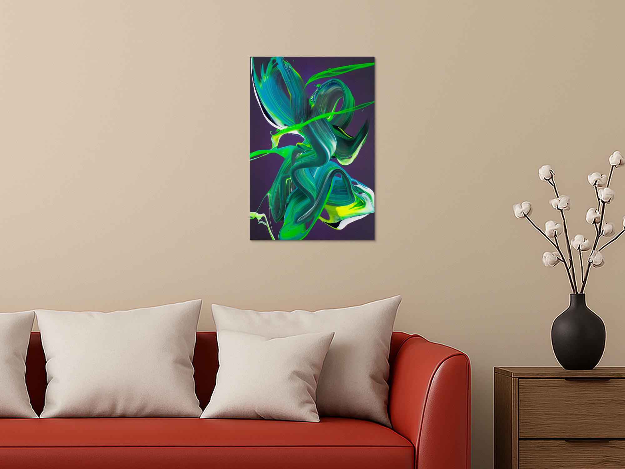 Abstraktes Action Painting Original-Gemälde 60x40cm Hochformat - Neon Grün, Türkis, Violett