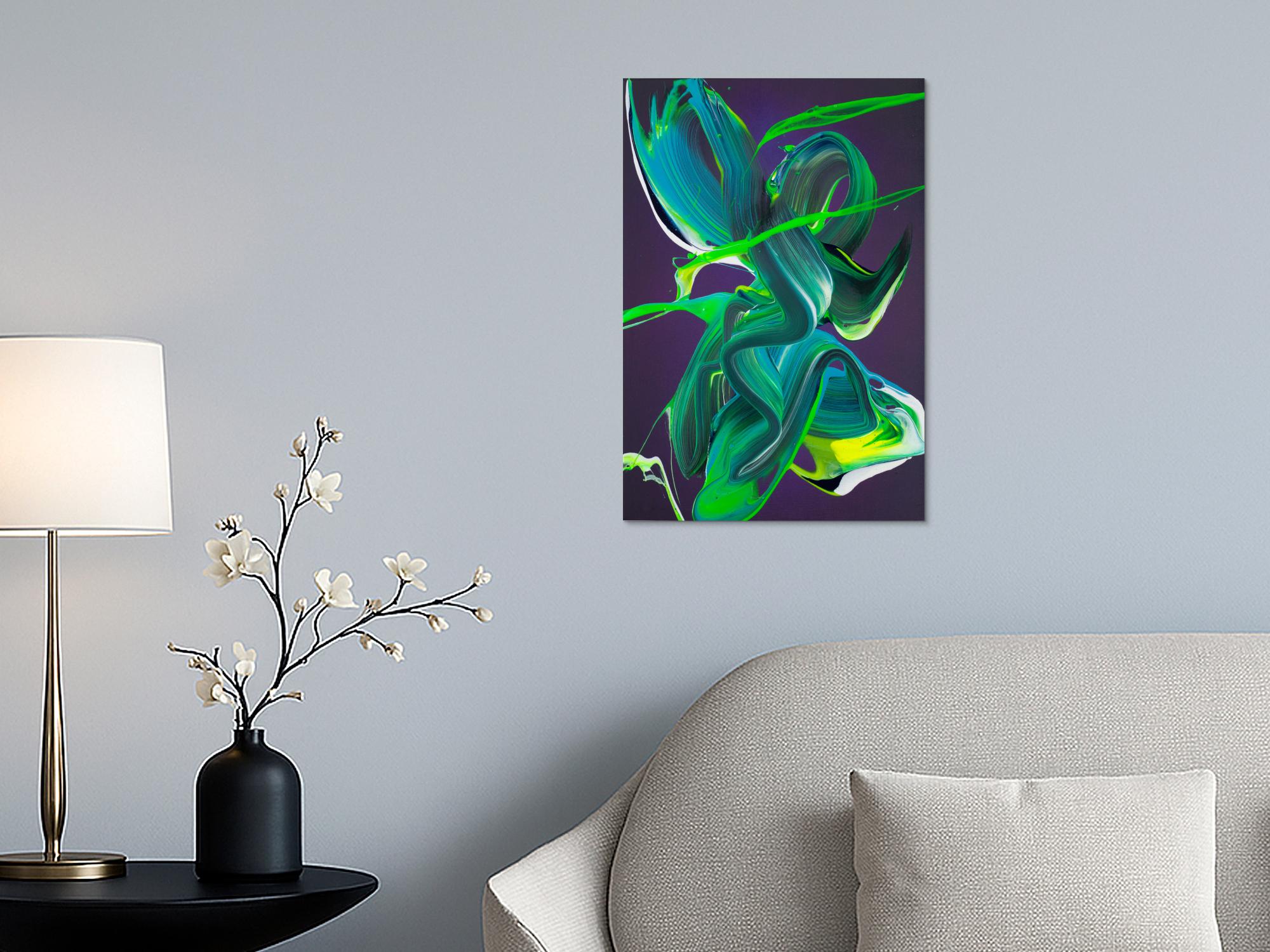 Abstraktes Action Painting Original-Gemälde 60x40cm Hochformat - Neon Grün, Türkis, Violett