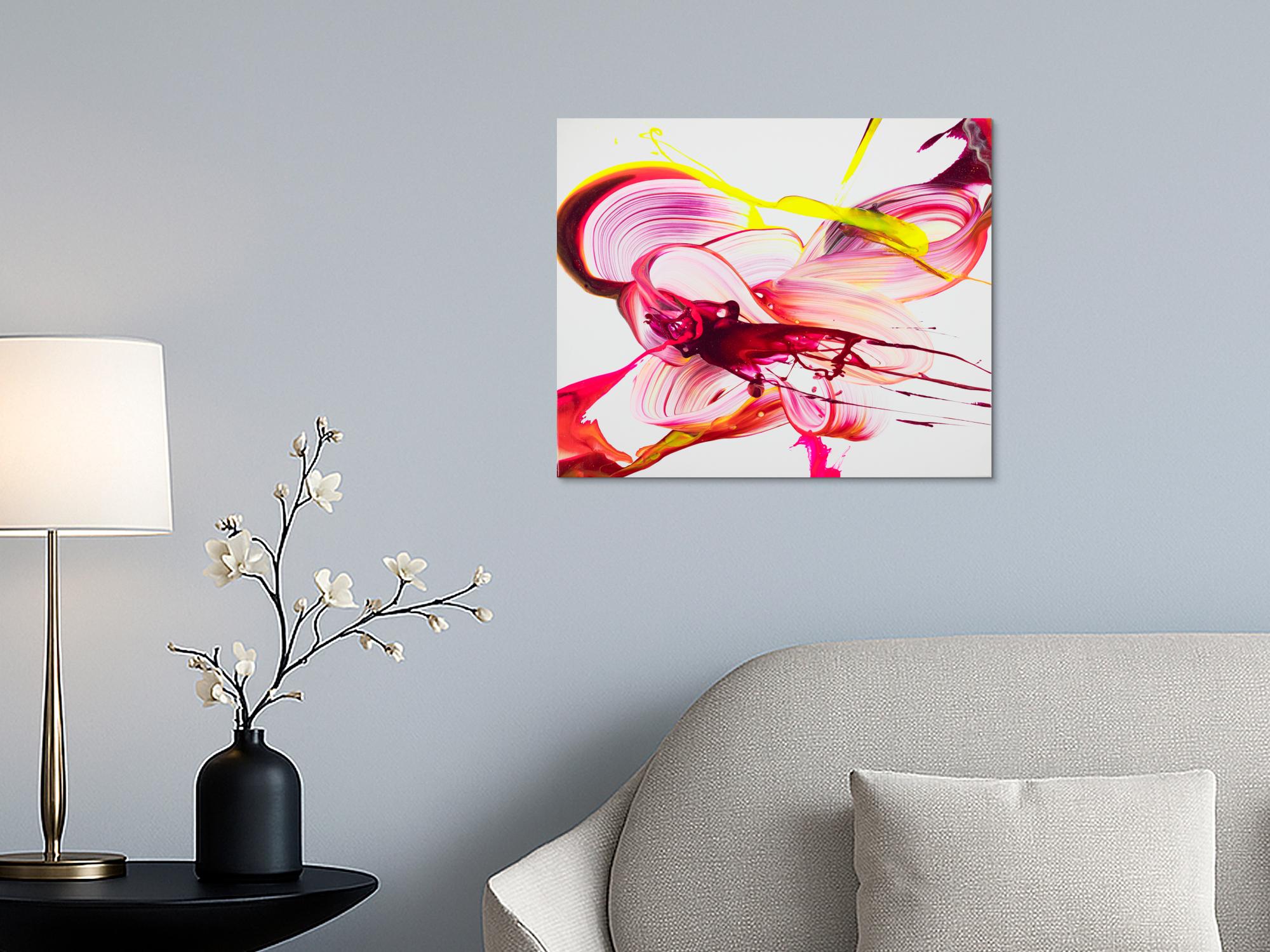 Abstraktes Original-Gemälde 50x60cm Querformat Neon Gelb Pink Leinwand handgemalt