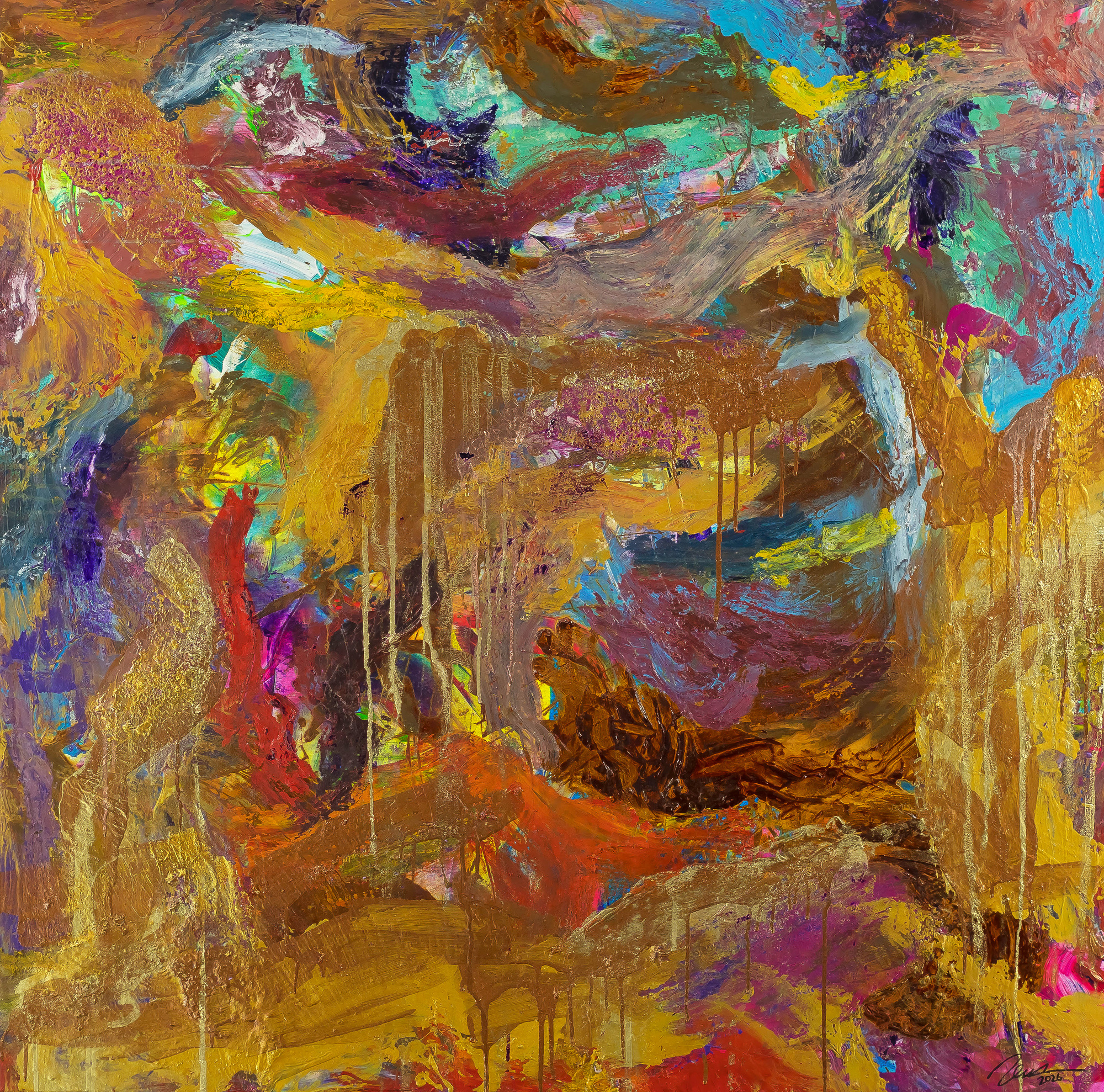 Abstraktes Gemälde Mischtechnik 120x120cm quadratisch Gold Kupfer Rost Pastos Original