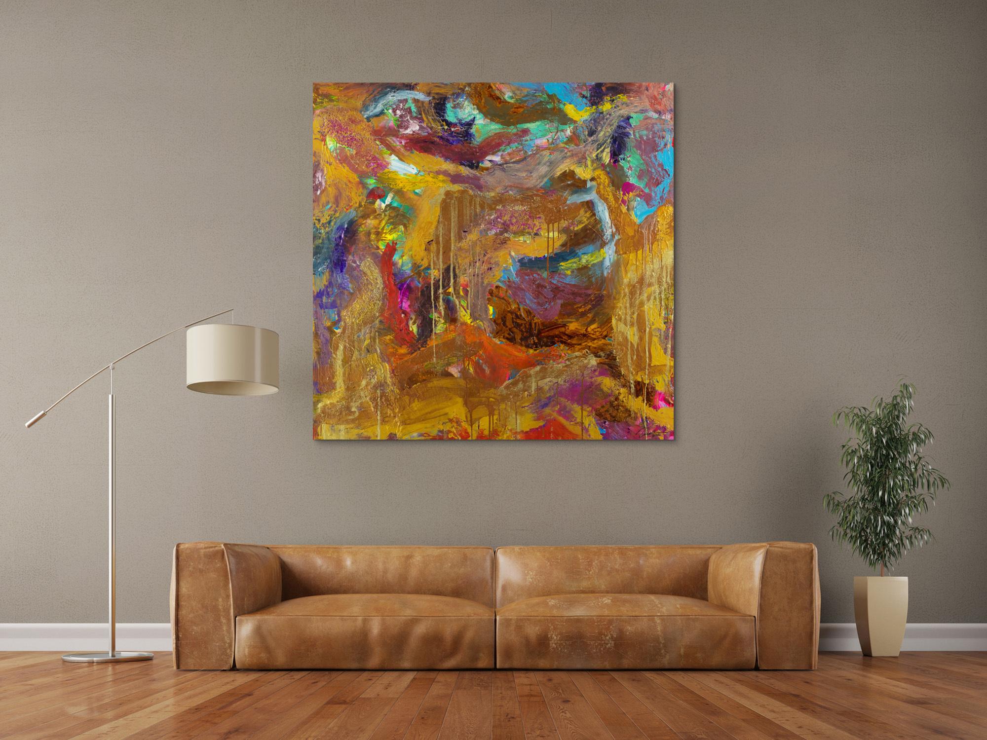 Abstraktes Gemälde Mischtechnik 120x120cm quadratisch Gold Kupfer Rost Pastos Original