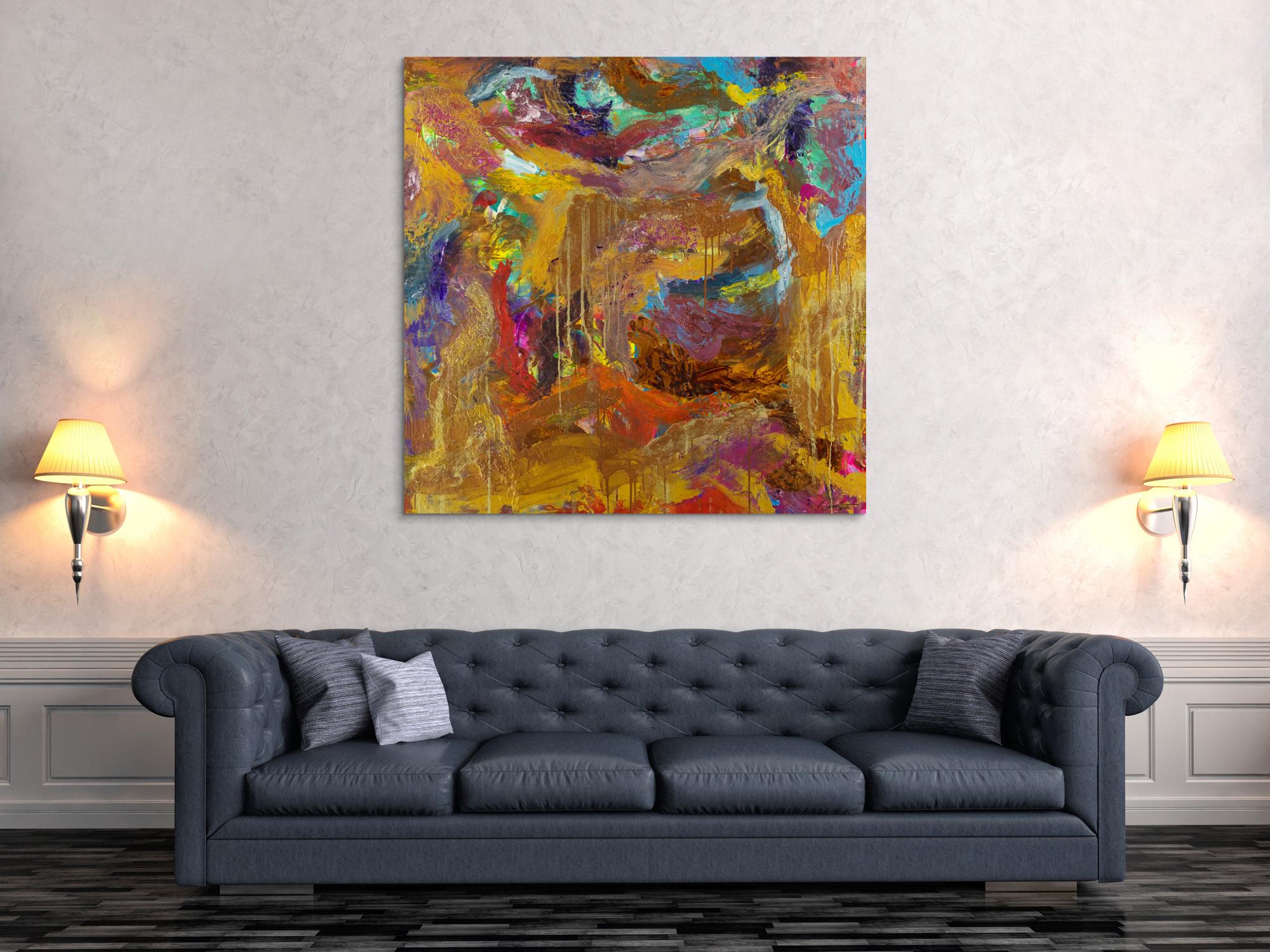 Abstraktes Gemälde Mischtechnik 120x120cm quadratisch Gold Kupfer Rost Pastos Original