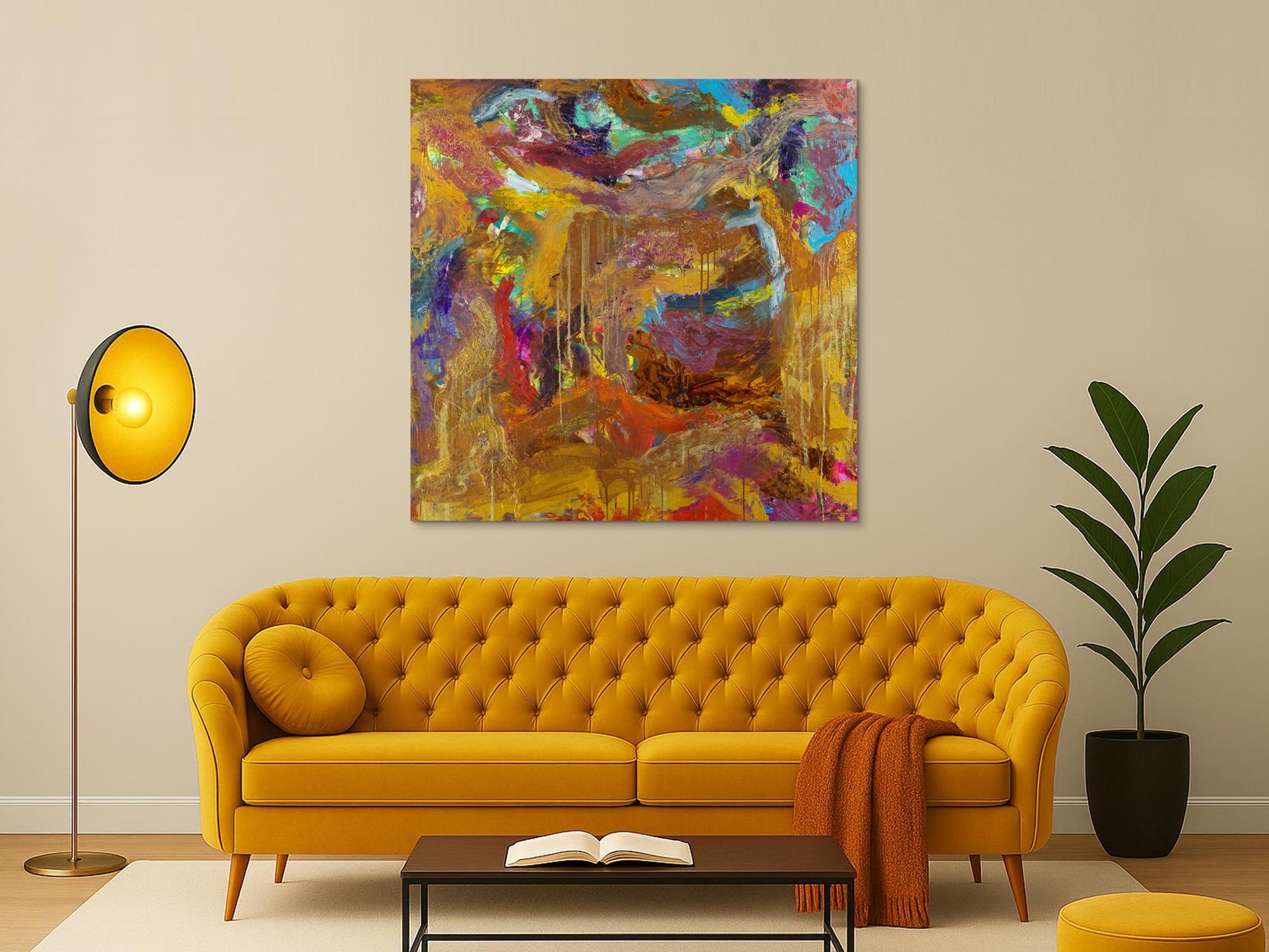 Abstraktes Gemälde Mischtechnik 120x120cm quadratisch Gold Kupfer Rost Pastos Original