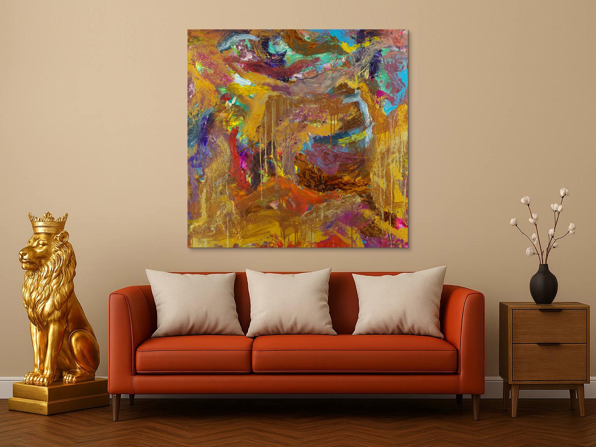 Abstraktes Gemälde Mischtechnik 120x120cm quadratisch Gold Kupfer Rost Pastos Original