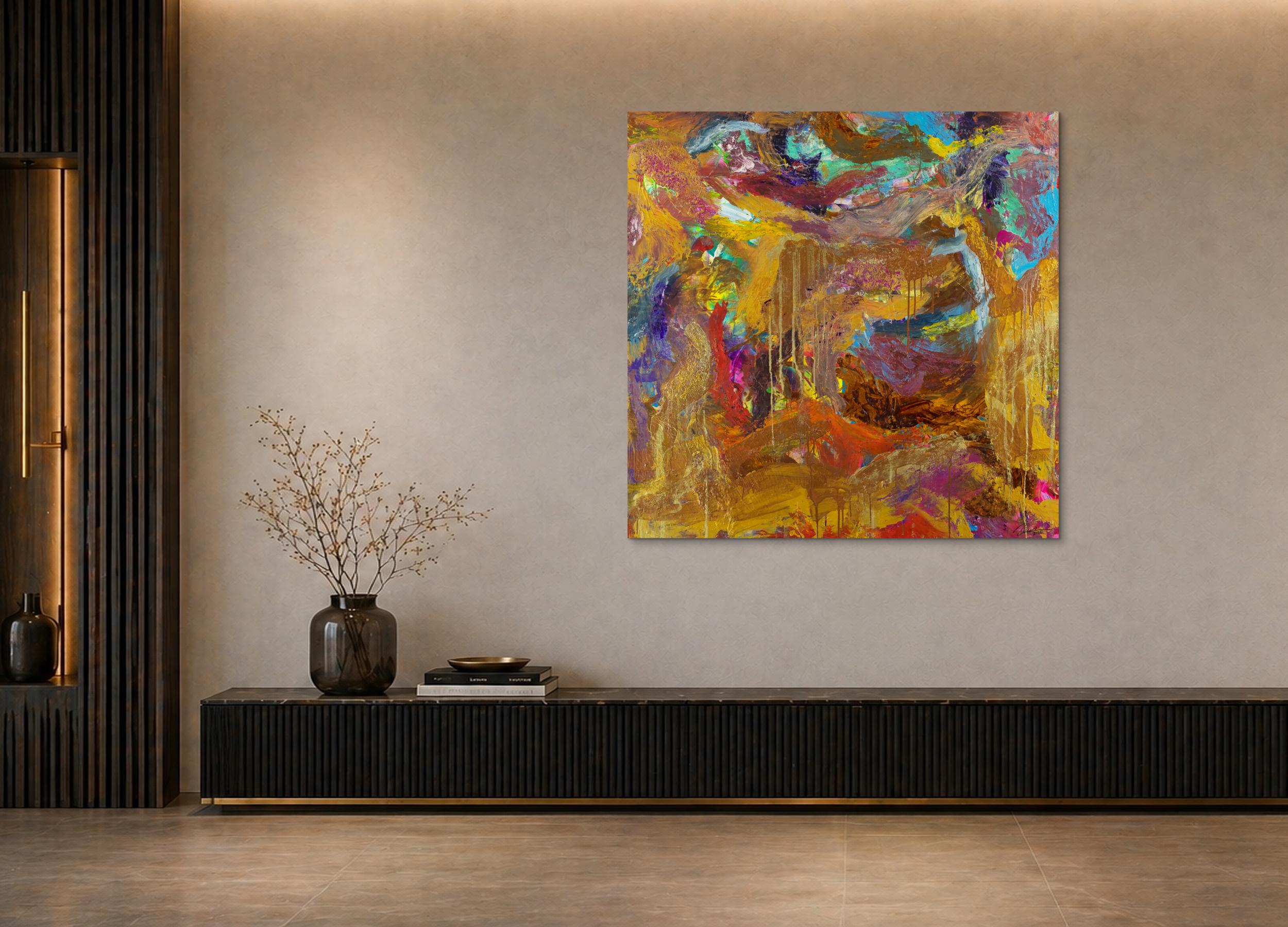 Abstraktes Gemälde Mischtechnik 120x120cm quadratisch Gold Kupfer Rost Pastos Original
