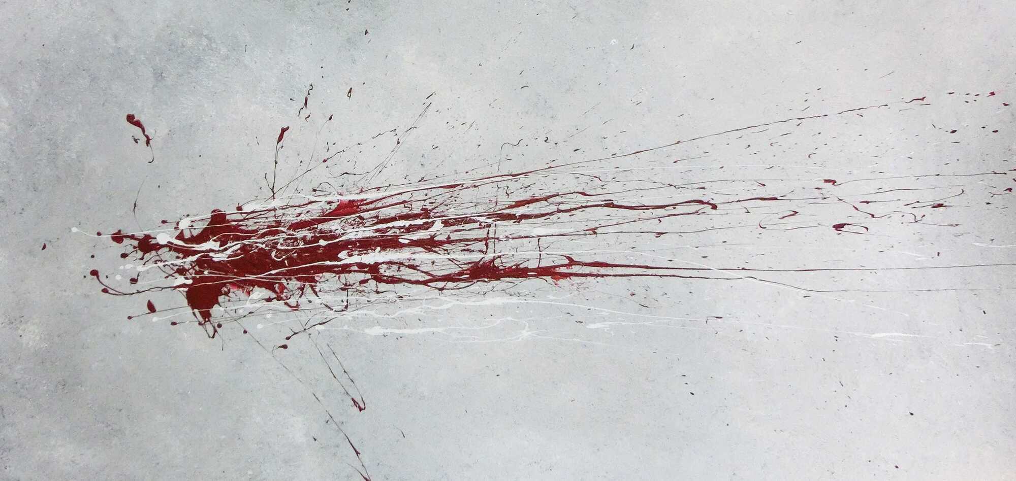 Abstraktes Acrylbild mit rotem Fleck - grau silber rot