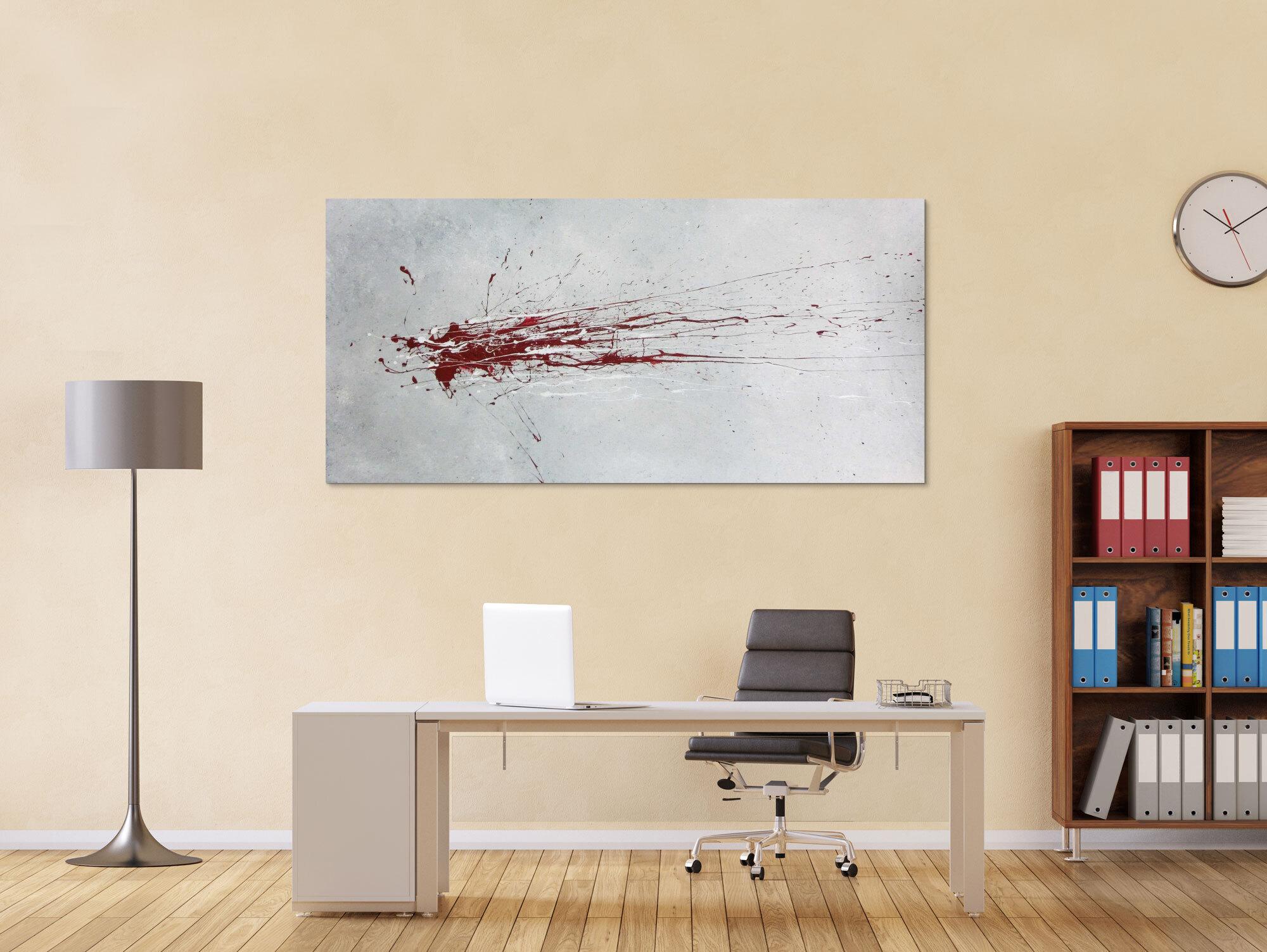 Abstraktes Acrylbild mit rotem Fleck - grau silber rot