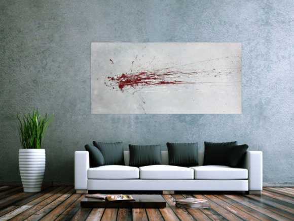 Abstraktes Acrylbild mit rotem Fleck - grau silber rot