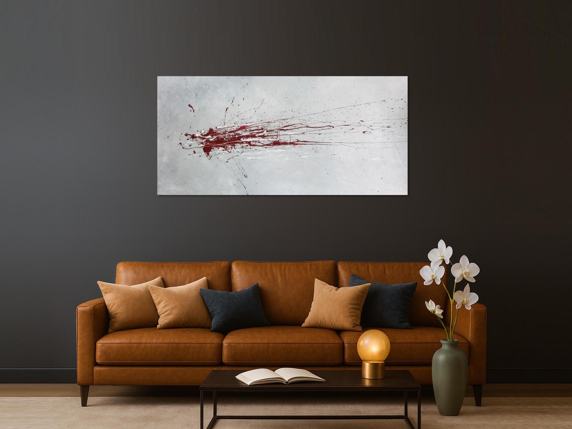 Abstraktes Acrylbild mit rotem Fleck - grau silber rot