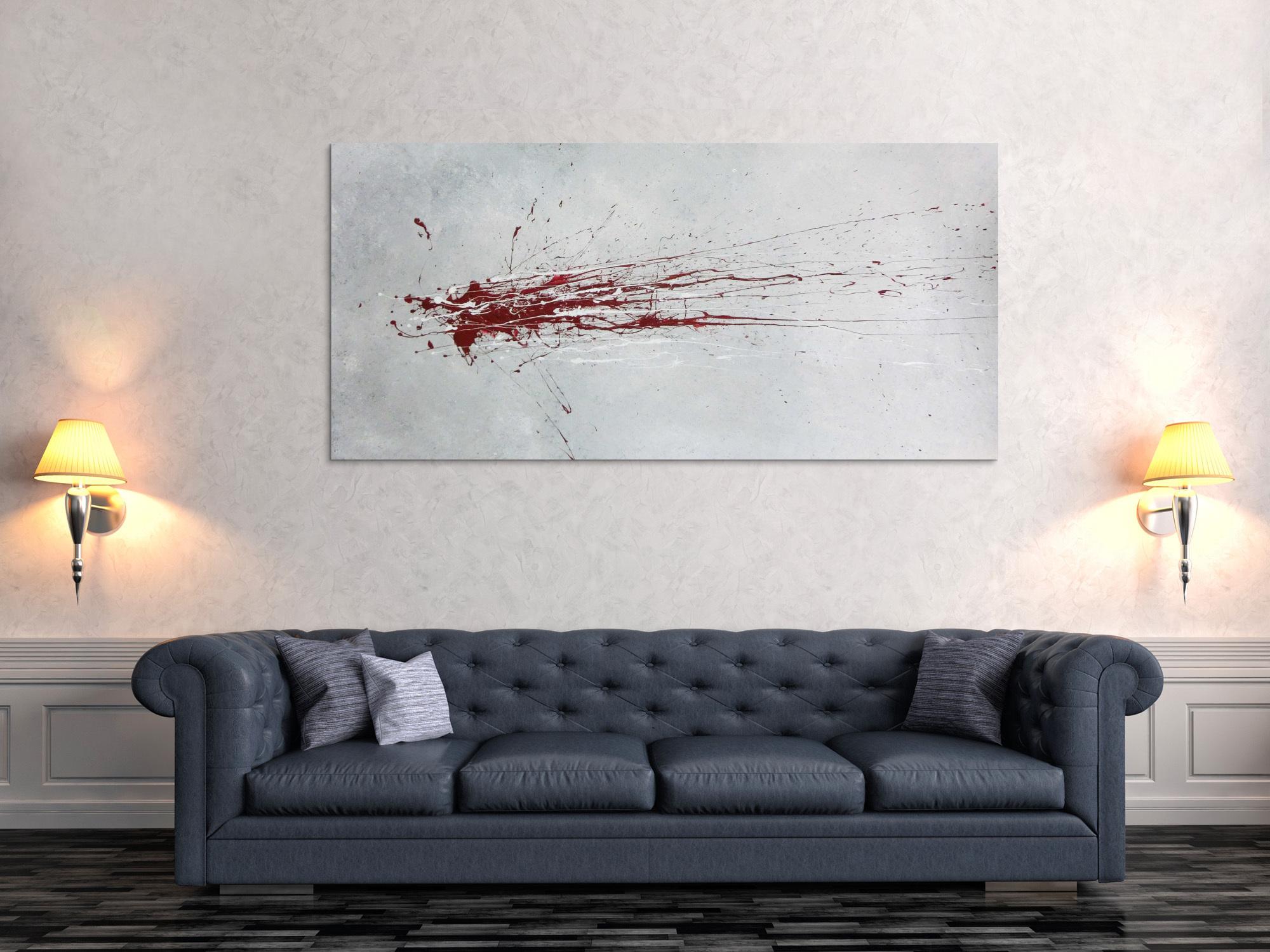 Abstraktes Acrylbild mit rotem Fleck - grau silber rot